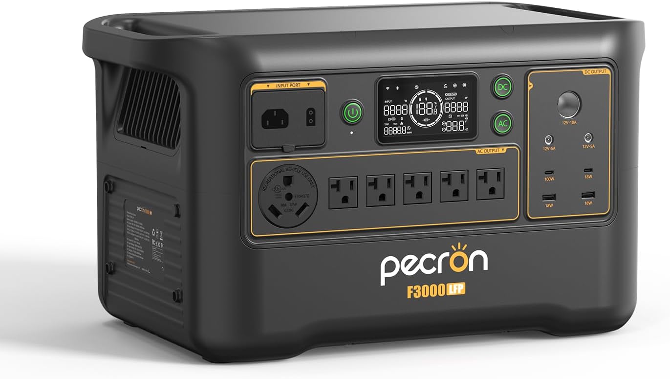 pecron F3000LFP Solar Generator with 300W Solar Panel, 3072Wh Portable Power Station, 3600W LiFePO4 Battery Home Backup, Fast Charging Lithium Battery with 100W USB-C for Home, Camping, RV, Emergency