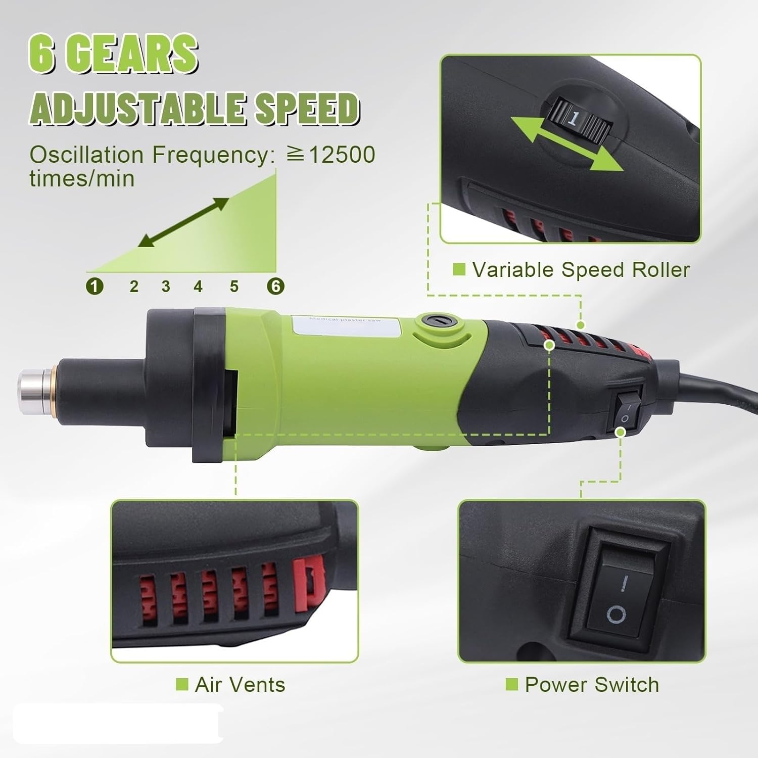 Medical Electric Plaster Saw, Cast Cutter Removal Saw, Orthopedic Cast Oscillating Cutter with 3 Blades, 3PCS Bandages, 6 Adjustable Speeds, 12500rpm, Low Noise,for Removing Plaster Bandages(Green)