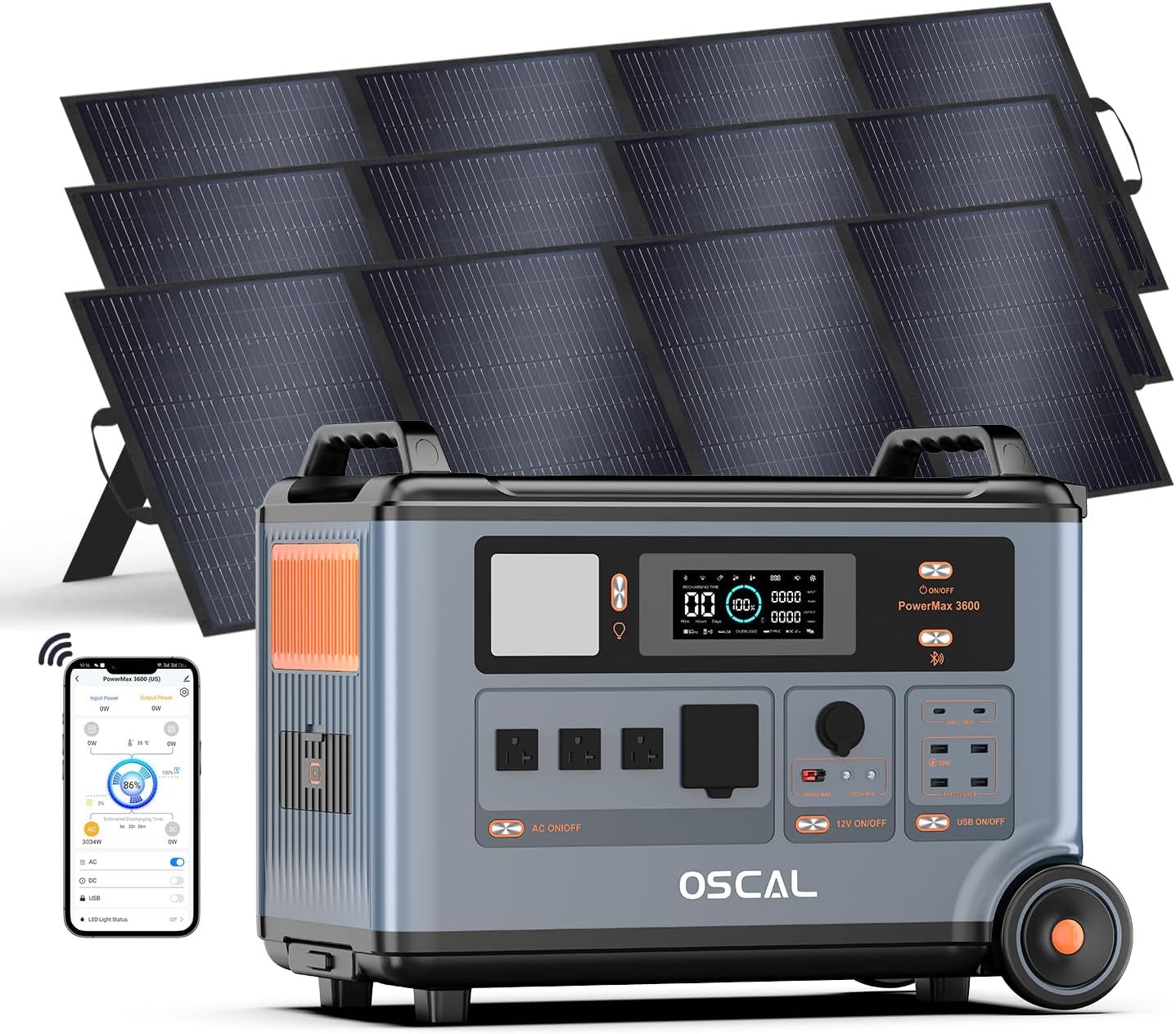 OSCAL Promax6000 120V/240V Solar Generator 6000W(Peak 7200W) with 3x200W Solar Panel,Dual Voltage 3600WH Lifepo4 Battery Portable Power Station with 14 Outlets,2200W 1.96H Fast Charge,for Home Backup