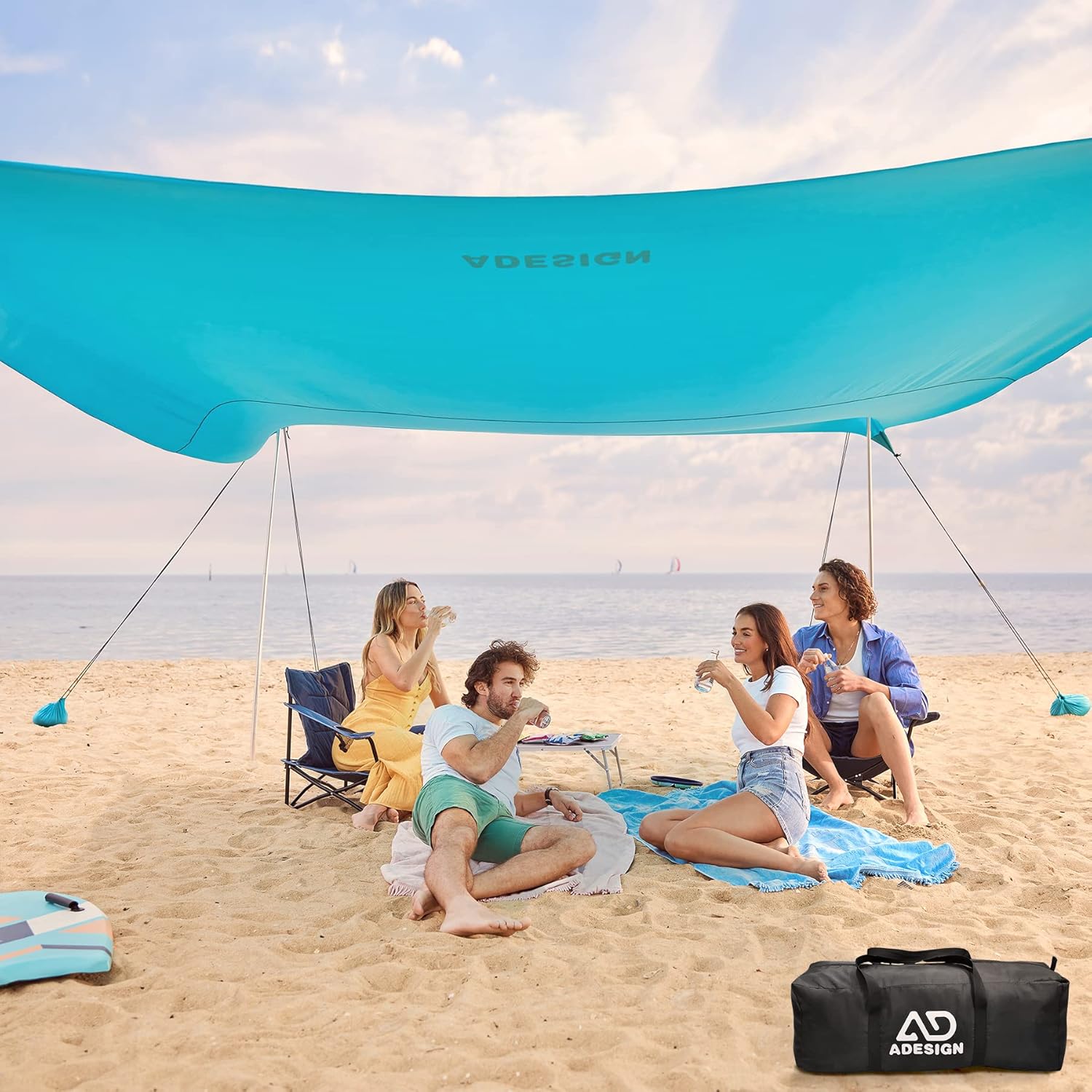 ADesign Windproof Beach Tent Sun Shelter with 8 Sandbags, Wind Resistant Large Family Beach Canopy with Sand Shovel, UPF50+, 6.5 FT Tall, Easy Setup Sun Shade for Beach Vacation