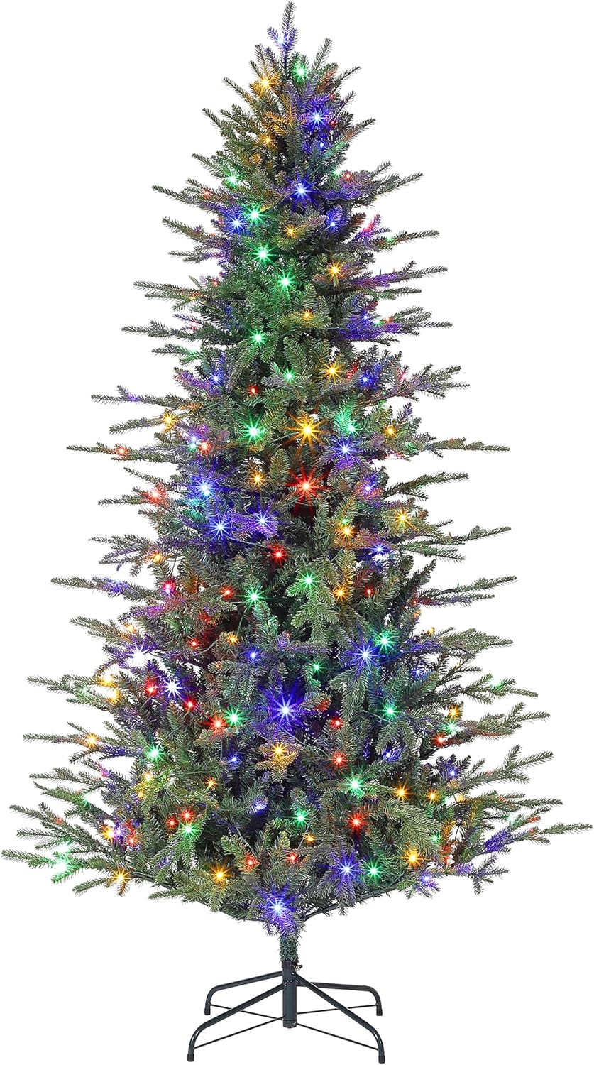 Lighted Christmas Tree, 6Ft Artificial Christmas Tree with Warm White and Colorful Lights, 8 Adjustable Lights Modes, Twinkle Christmass Trees, Premium Hinged Design, Easy to Assemble, Metal Base