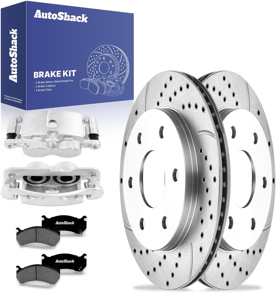 AutoShack Front Drilled & Slotted Brake Rotors Premium Ceramic Brake Pads Calipers | Replacement for 2007 GMC Sierra 1500 Classic 2000-2006 GMC Yukon | Zinc Coated | 8-PC Brake Kit | SilverShield Pro