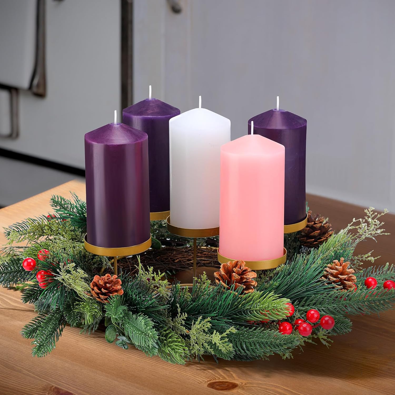 7 Pcs Christmas Advent Wreath Set with 3x6'' Pillar Candles Rustic Advent Wreath Candleholder and Pillar Candles Unscented Christmas Centerpiece Table Decor for Holiday Church Home(Gold)