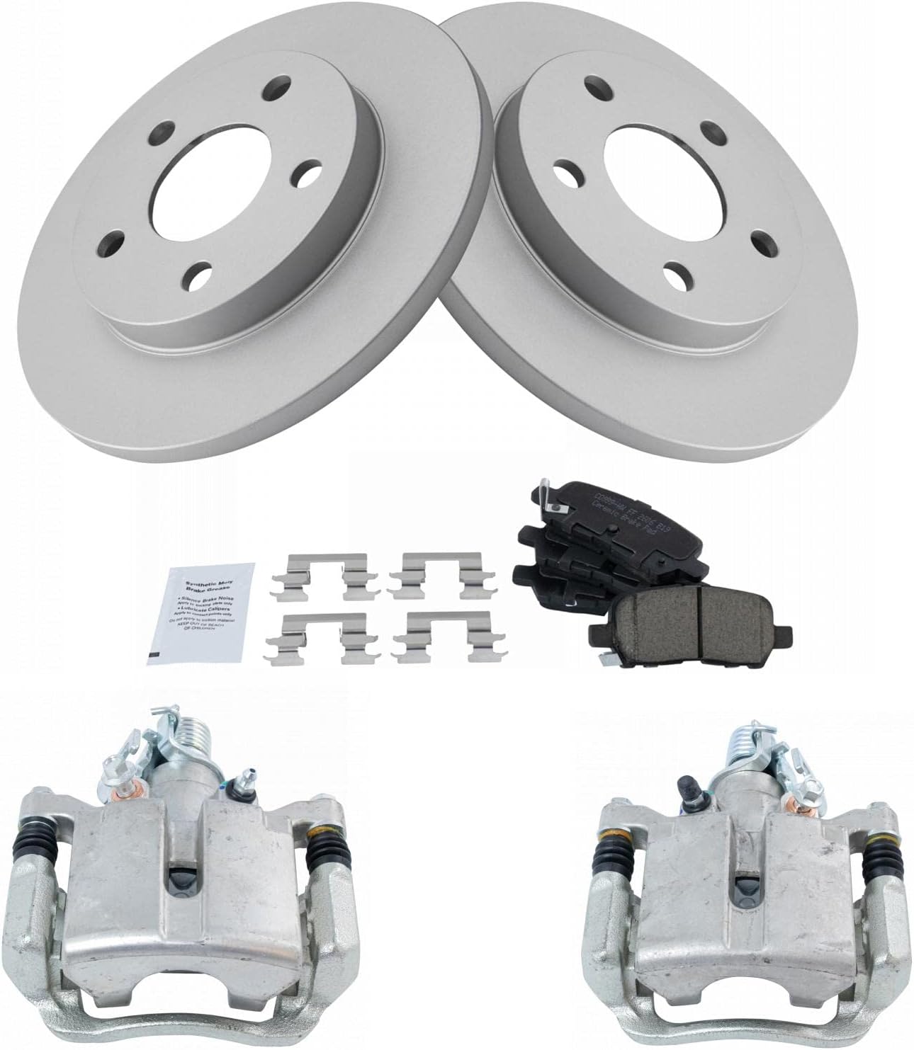 TRQ Rear Brake Pad & Rotor Kit Brake Caliper Brake Pads Brake Rotor Ceramic Solid Premium G-Coated Compatible with 2005-2007 Ford Five Hundred Freestyle 2008-2009 Taurus Taurus X Mercury Montego Sable