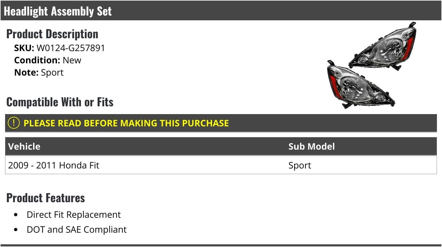 Headlight Assembly Set of 2 - Compatible with 2009-2011 Honda Fit Sport