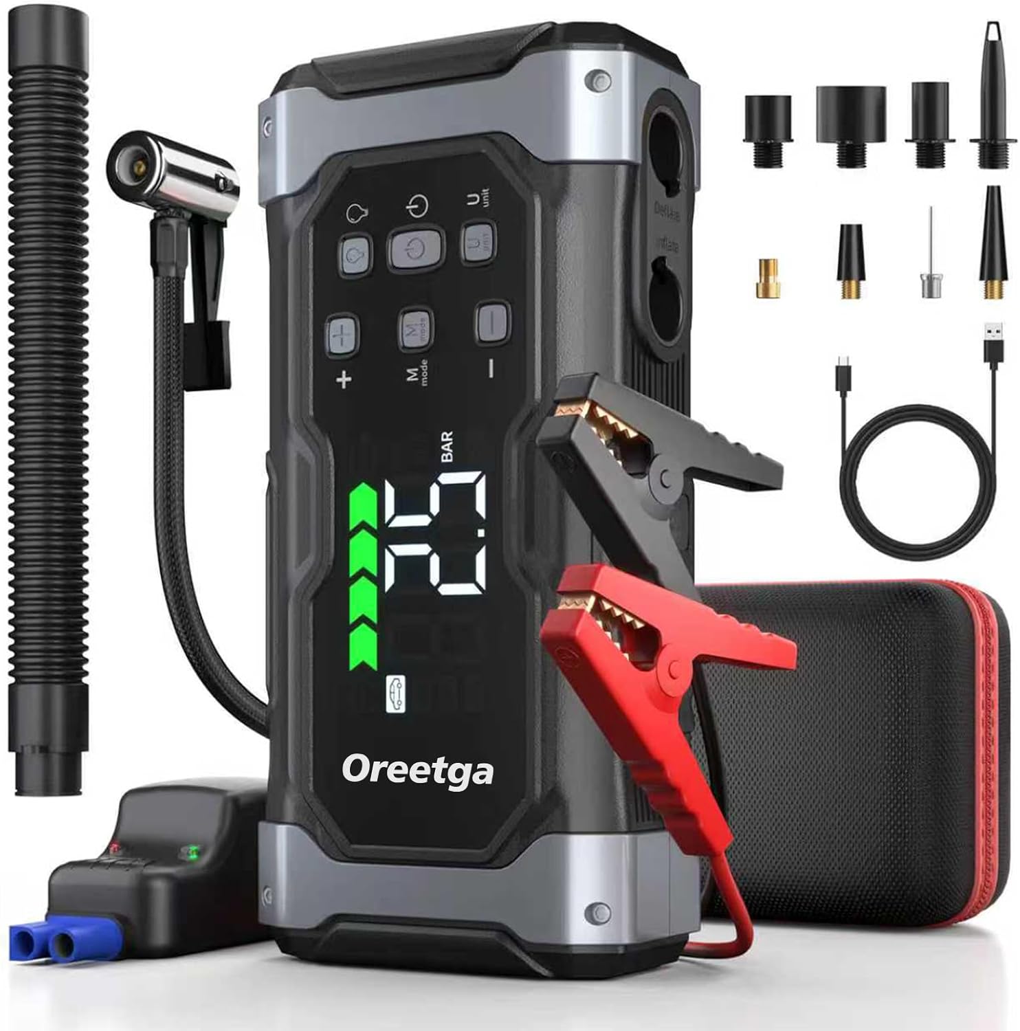 Upgraded 9000A Car Jump Starter with Air Inflator/Deflator Compressor, 9 in 1 Portable Jumper Box Power Pack Charger (All Gas/14L Diesel) Combo Cordless Air Pump for Tire Inflator & Large LCD Screen