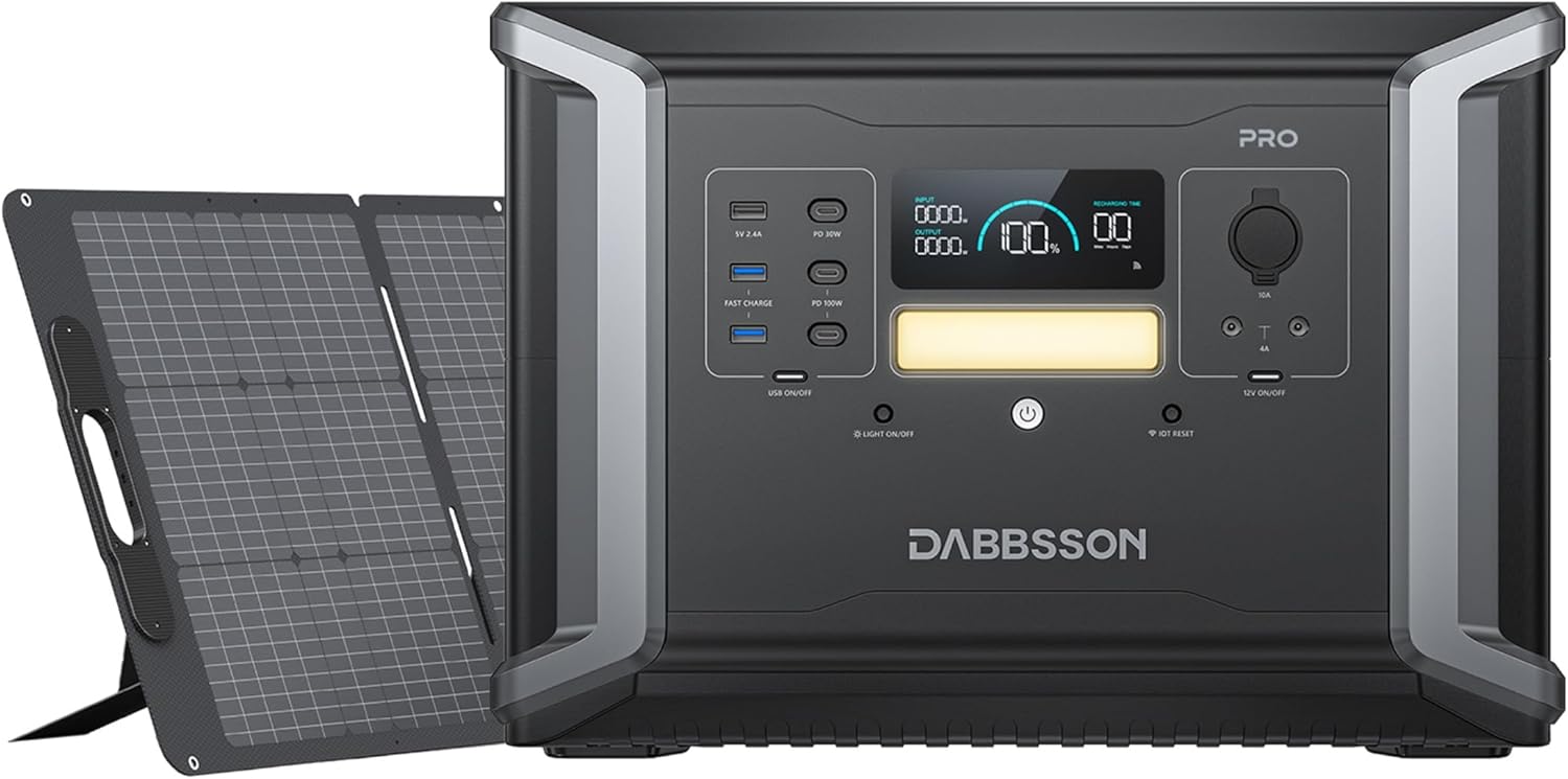 Dabbsson 2150Wh Solar Generator DBS2100 Pro with 1x210W Solar Panel, 2400W Rated Power Station,Expandable to 4600W 12.9kWh,NEMA TT-30,100W USB-C,Support AC & Solar Charging Together,EPS 15ms,2024 New