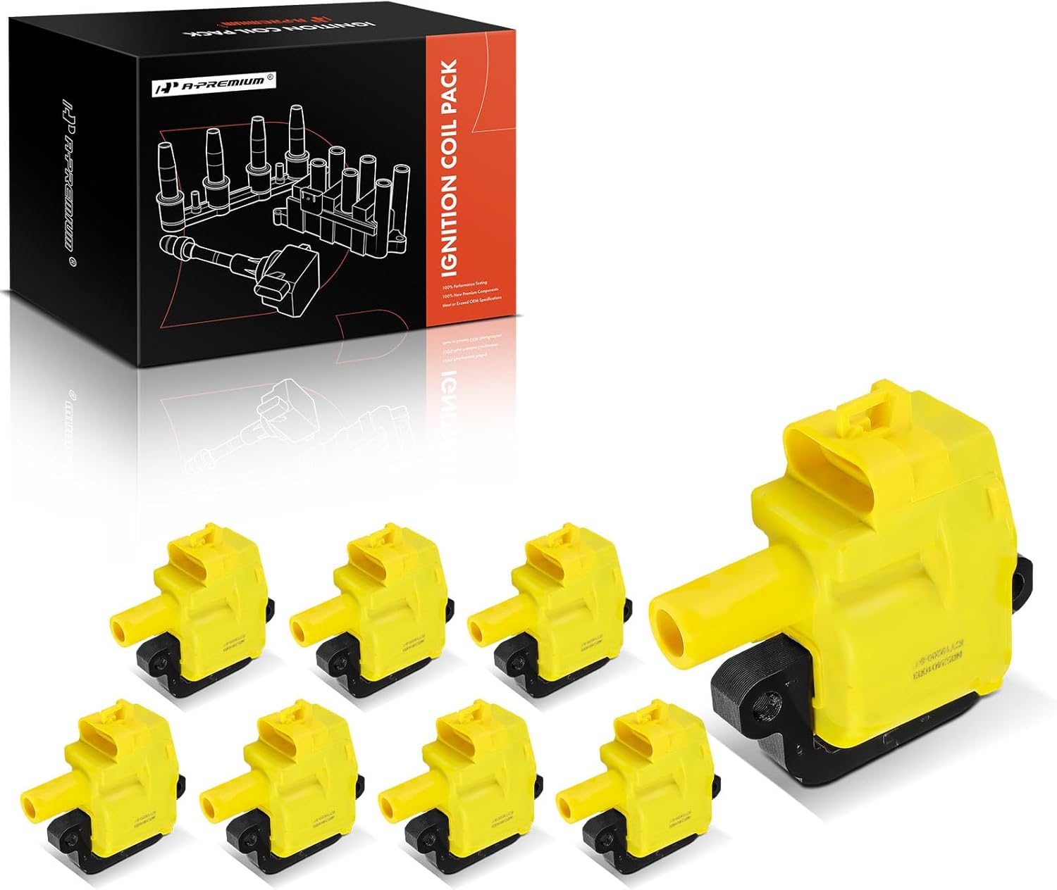 A-Premium (Yellow) Engine Ignition Coil Pack Compatible with Chevy Silverado 2500 HD, Camaro, Suburban 2500, Express 3500, Corvette & GMC Sierra 3500, Yukon XL 2500, P3500 & Cadillac CTS, 8-PC Set
