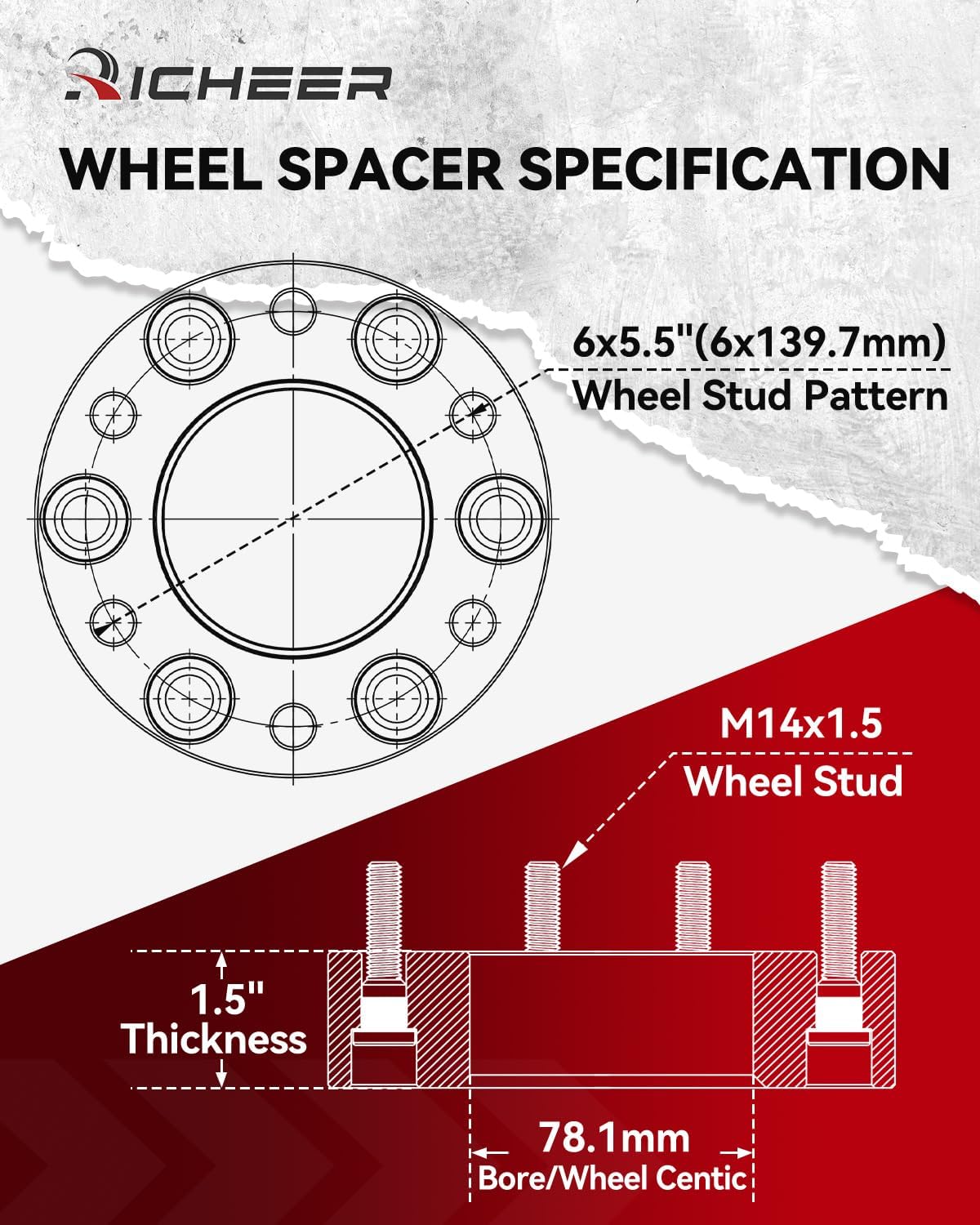 Richeer 1.5'' 6x5.5 Hub Centric Wheel Spacer for Sierra Silverado 1500, 6x139.7mm Wheel Spacers with 14x1.5 Studs & 78.1mm Bore for Tahoe Avalanche 1500 Suburban Escalade Express Yukon