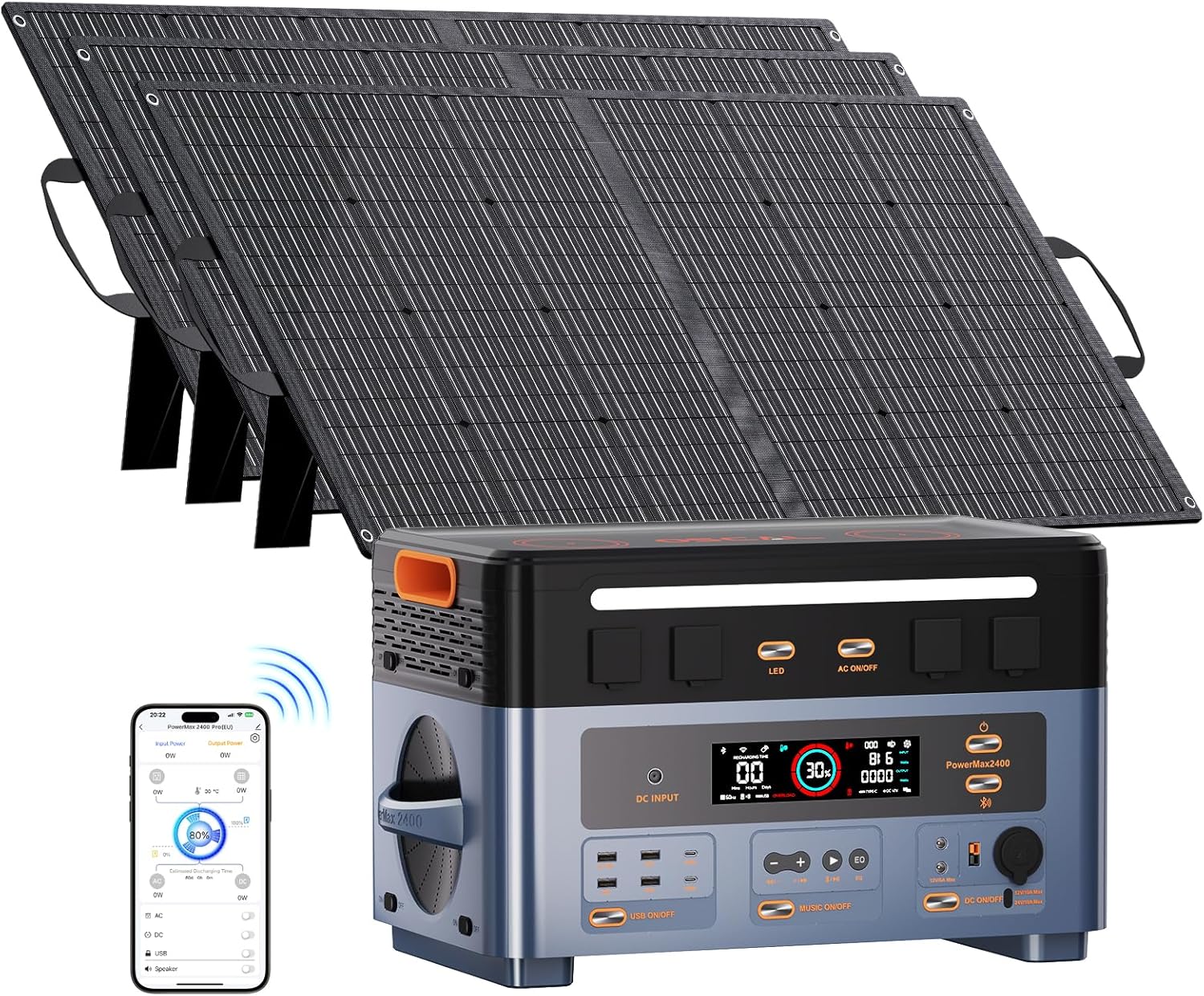 OSCAL 2400W Solar Power Station with 3x100W Solar Panels PowerMax 2400, 1872Wh Battery Generator with 4 AC Outlets (5000W Peak), 1.45H Full Charging, APP Control Battery Backup for Home, RV