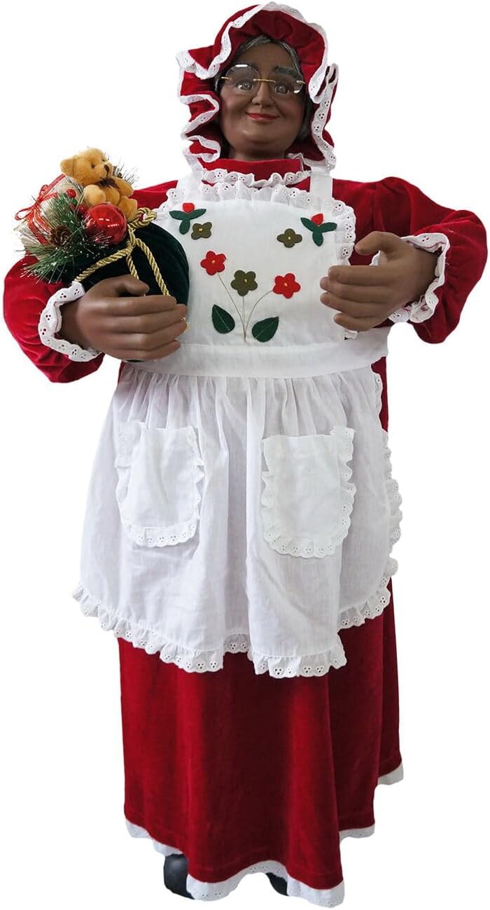 Fraser Hill Farm Life Size 58-in. African American Dancing Mrs. Claus with Apron and Gift Sack, Indoor Animated Holiday Home Decor, Motion Activated Christmas Animatronic Decoration