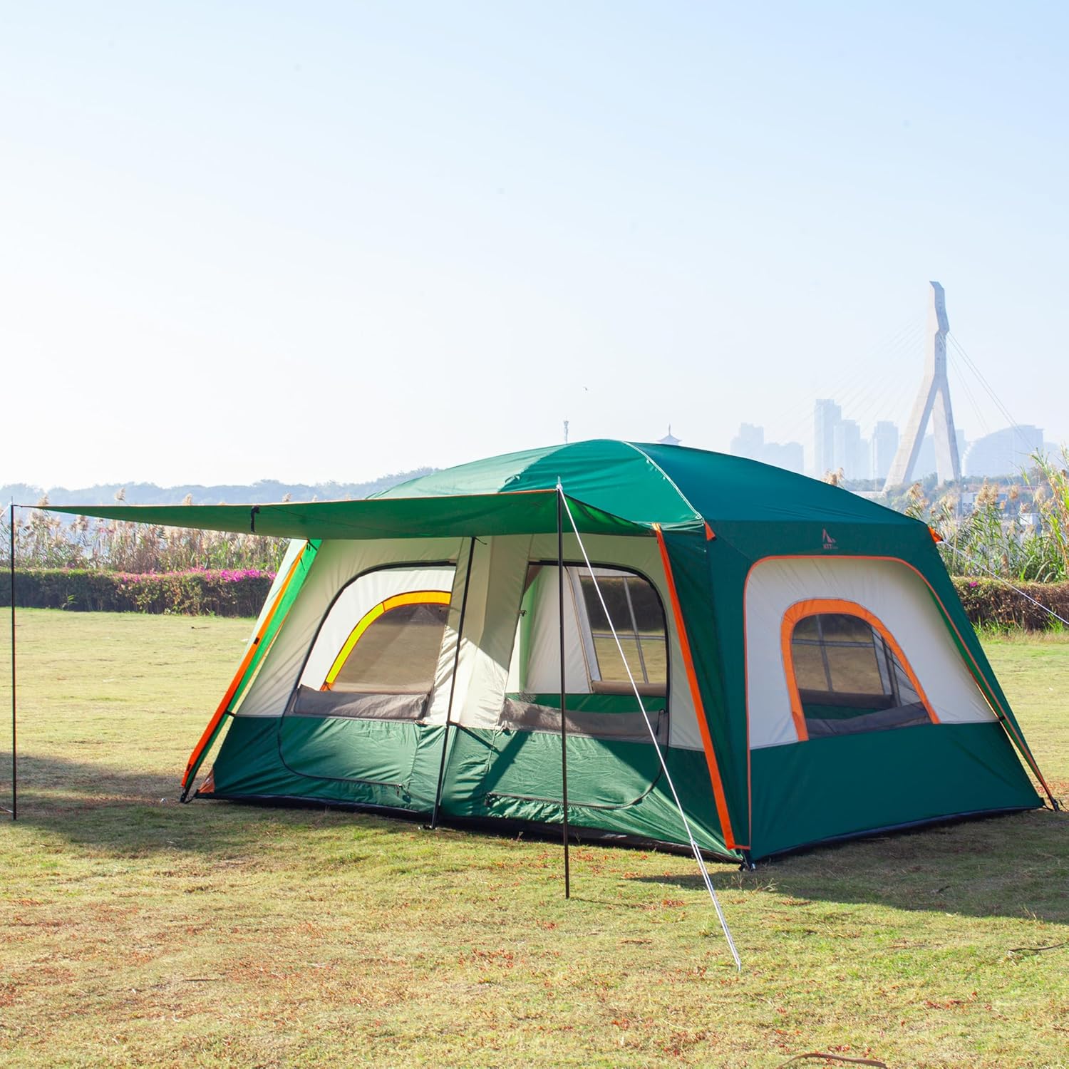 KTT Large Family Cabin Tent 10-12 Person,14.1X10X6.58ft,2 Rooms,3 Storage Pockets,2 Bay-Windows 3 Doors and 3 Windows with Mesh,Straight Wall,Waterproof,Double Layer,Big Tent for Outdoor,Camping