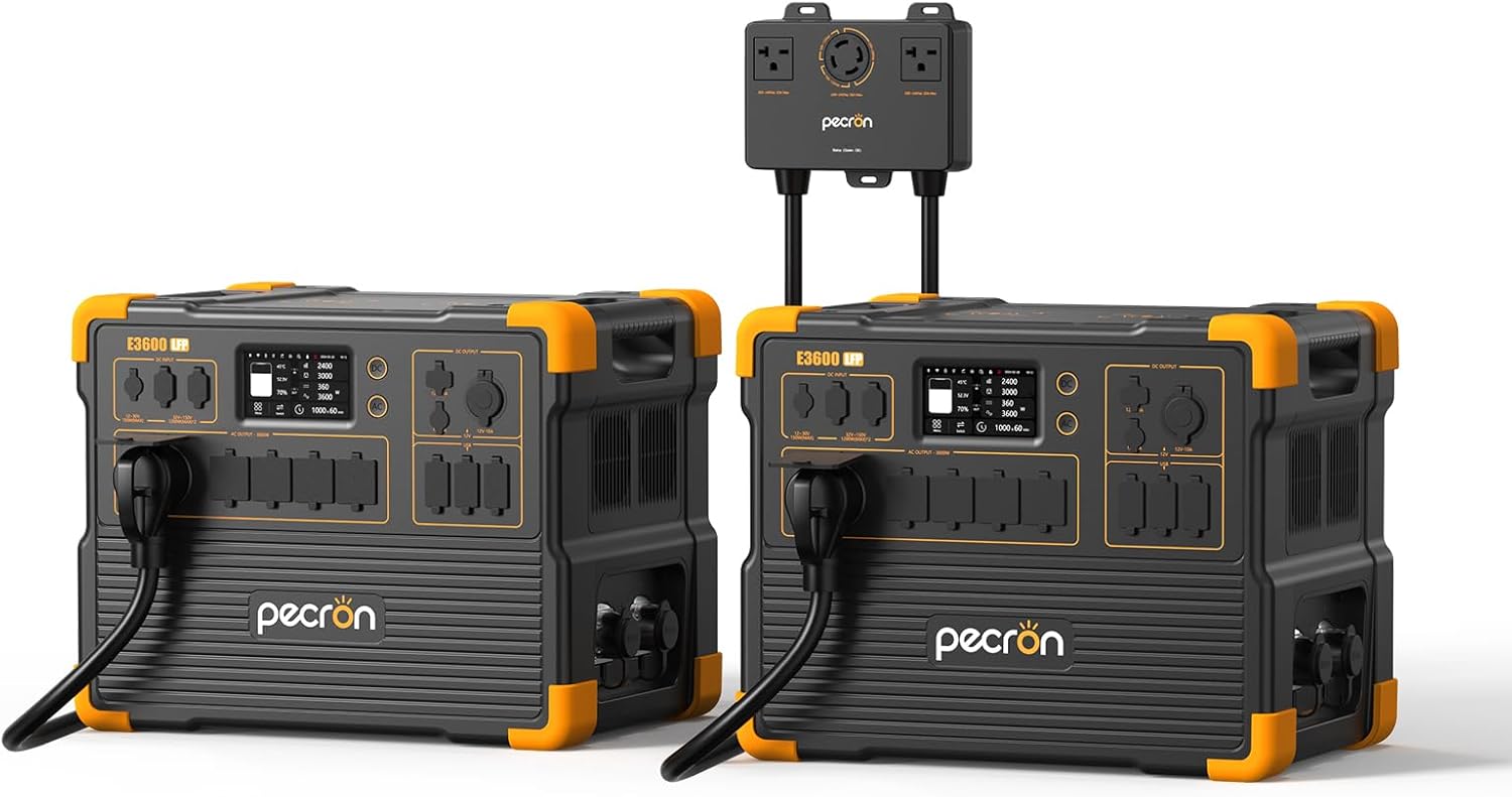 PECRON Two E3600LFP Portable Power Station with 240V Double Voltage Hub, 3072Wh Power Station, 3600W LiFePO4 Battery Backup Expanded to 15.36KWh, Solar Generator for Home Use, RV, Camping