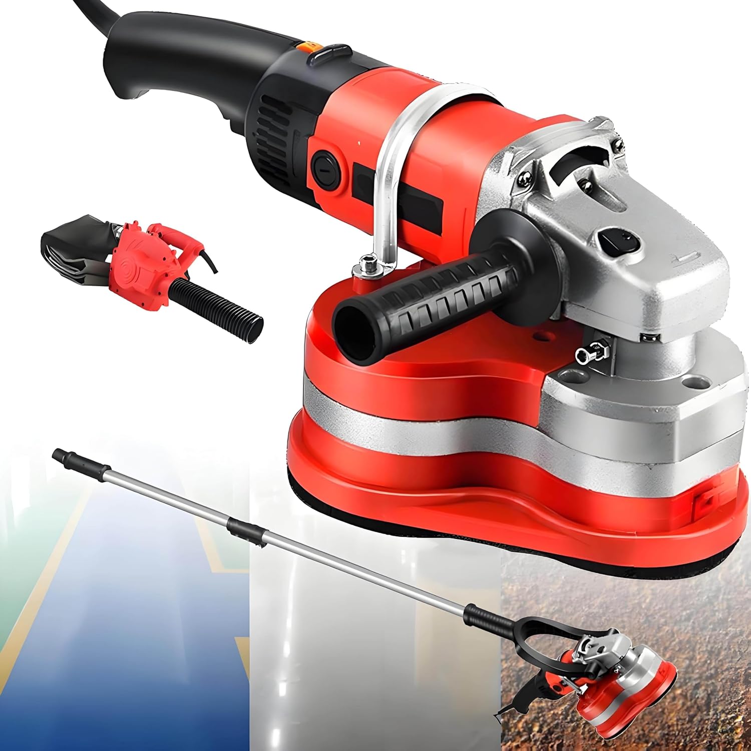 Portable Three-Head Wall And Floor Sander, Concrete Polisher, Three-Head Portable Sander Floor Grinder, 113-168CM Telescopic Rod, Includes Various Grinding Discs Machine+VacuumCleaner