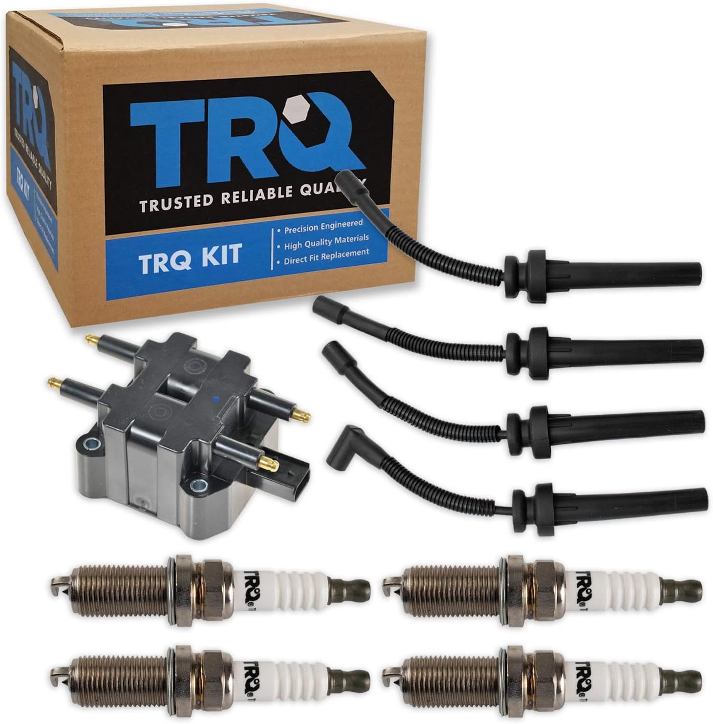 TRQ Ignition Kit Ignition Coil Spark Plugs Wire Set Compatible with 2003-2009 Chrysler PT Cruiser 2003-2005 Dodge Neon