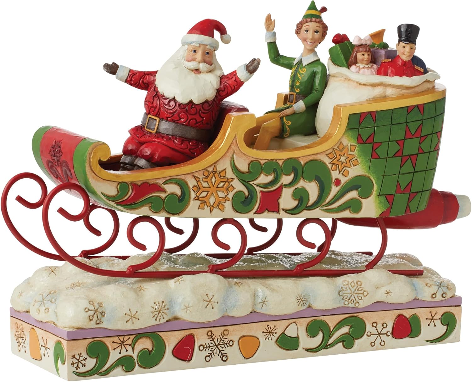 Enesco Elf by Jim Shore Buddy Riding with Santa in his Sleigh Figurine, 7.87 Inch, Multicolor