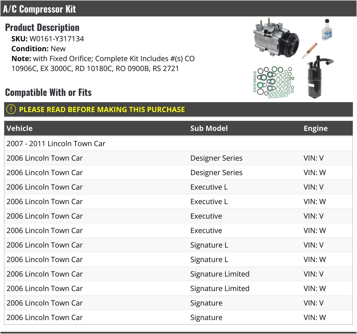 A/C Compressor Kit with Fixed Orifice - Compatible with 2006-2011 Lincoln Town Car