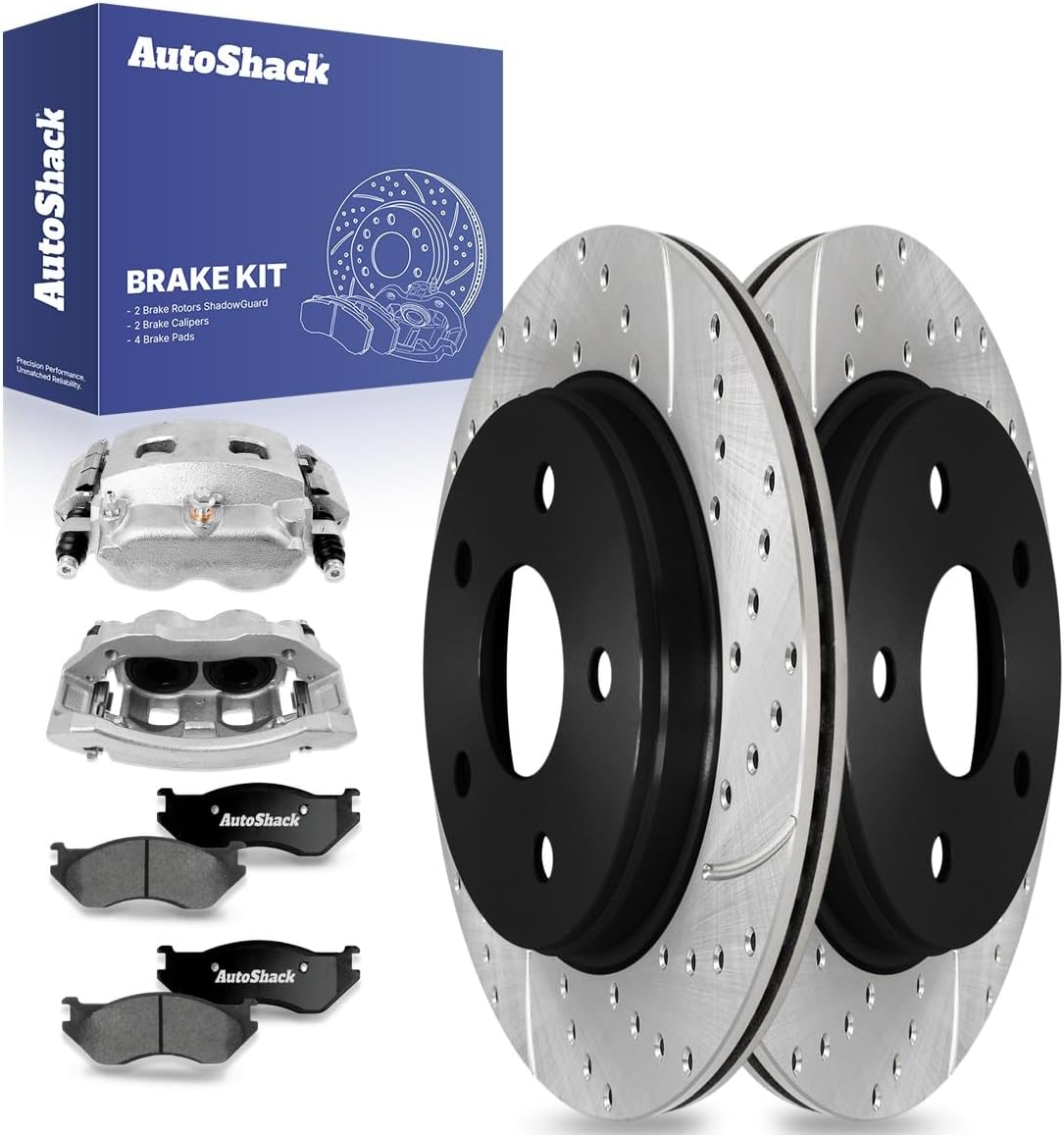 AutoShack Front Drilled & Slotted Brake Rotors Premium Ceramic Brake Pads Calipers | Replacement for 2002-2005 Dodge Ram 1500 2004-2006 Durango 4WD RWD | E-Coated | 8-PC Brake Kit | ShadowGuard