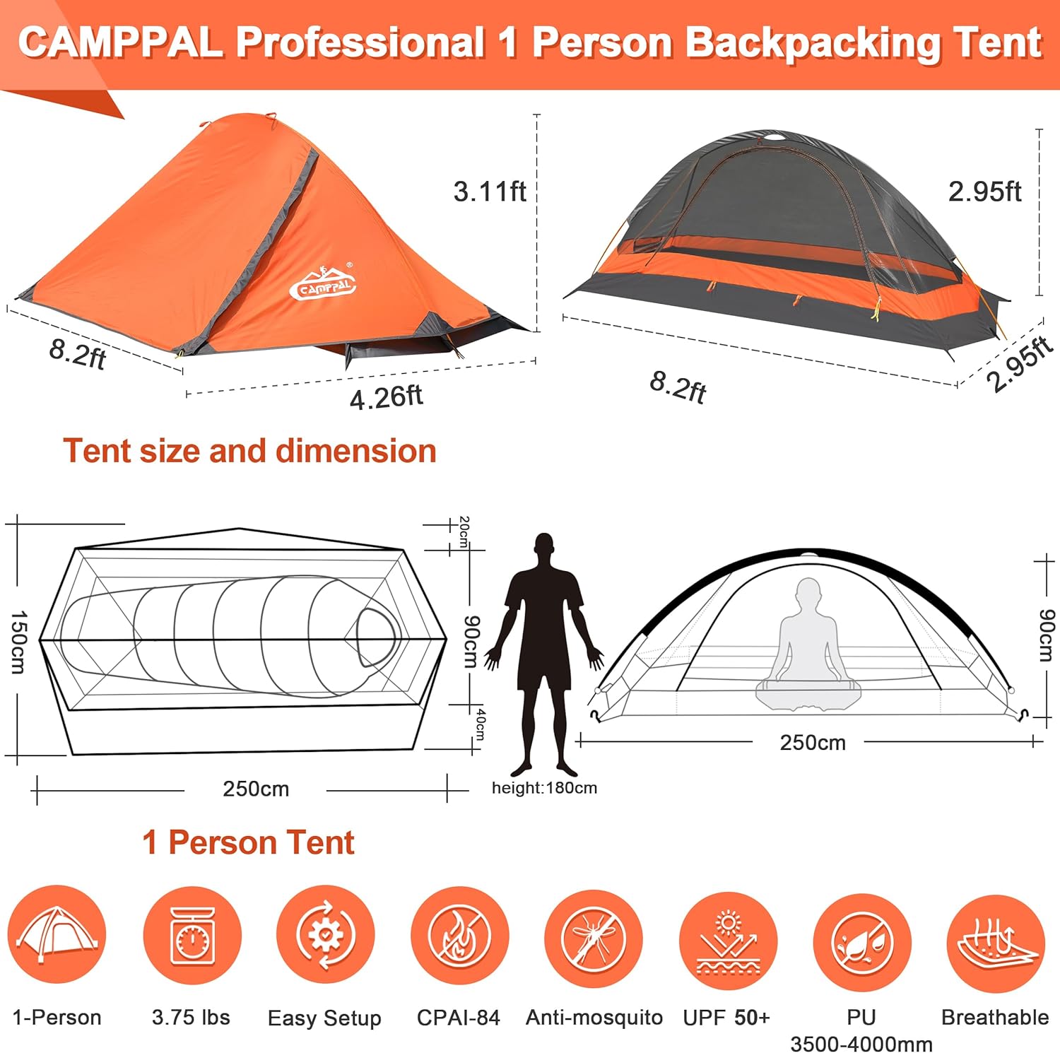 camppal 1 Person Tent for Camping Hiking Mountain Hunting Backpacking Tents 4 Season Resistance to Windproof Rainproof and Waterproof