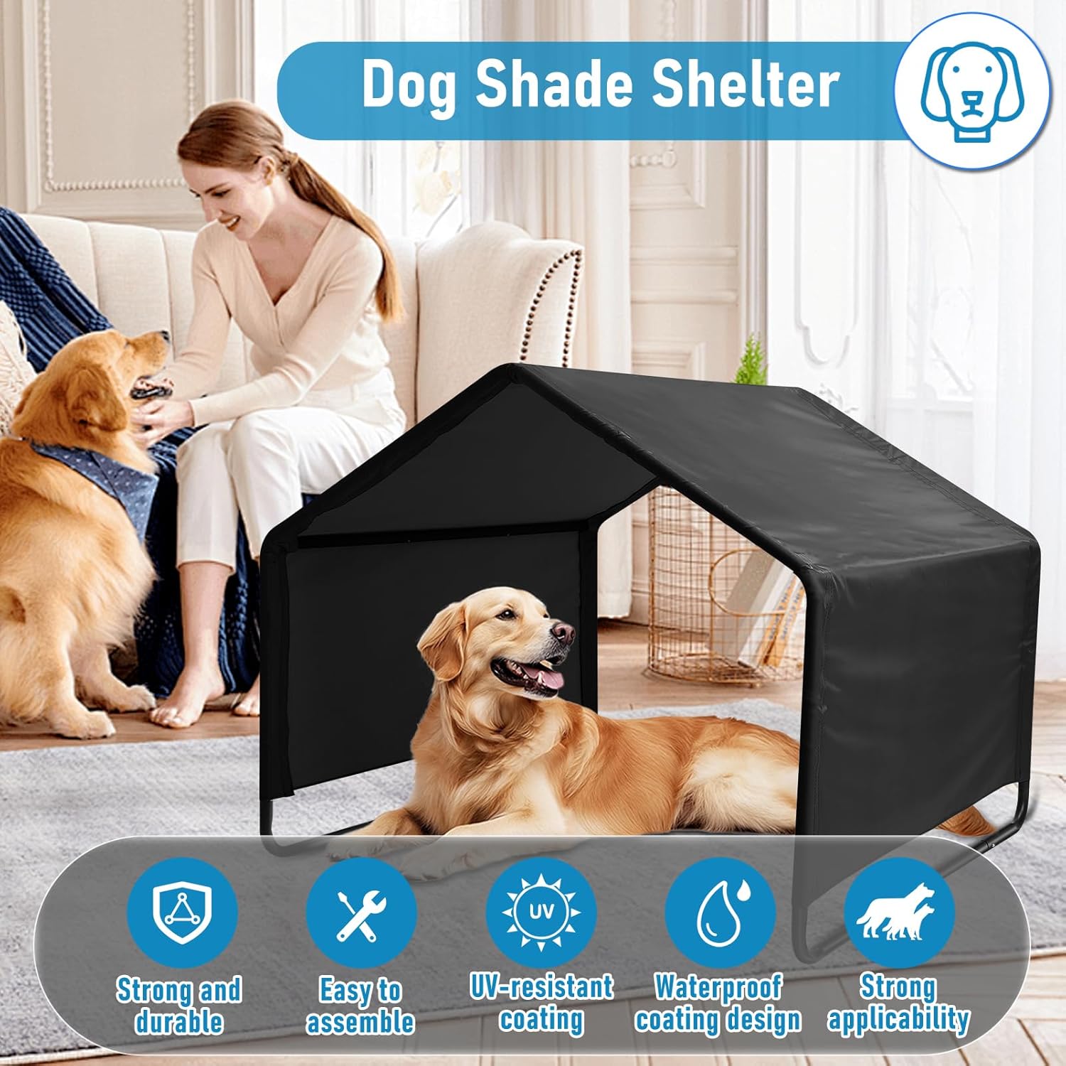 Dog Tent, Sun Protection Windproof Pet Tent, Dog Shade Shelter, 49x49x43in Outdoor Dogs Shade Canopy Camping Tent, Cats, Livestock (Black, 49x49x43in)