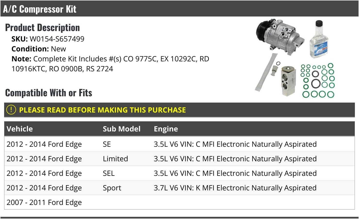 AC Compressor Kit - Compatible with 2007-2014 Ford Edge