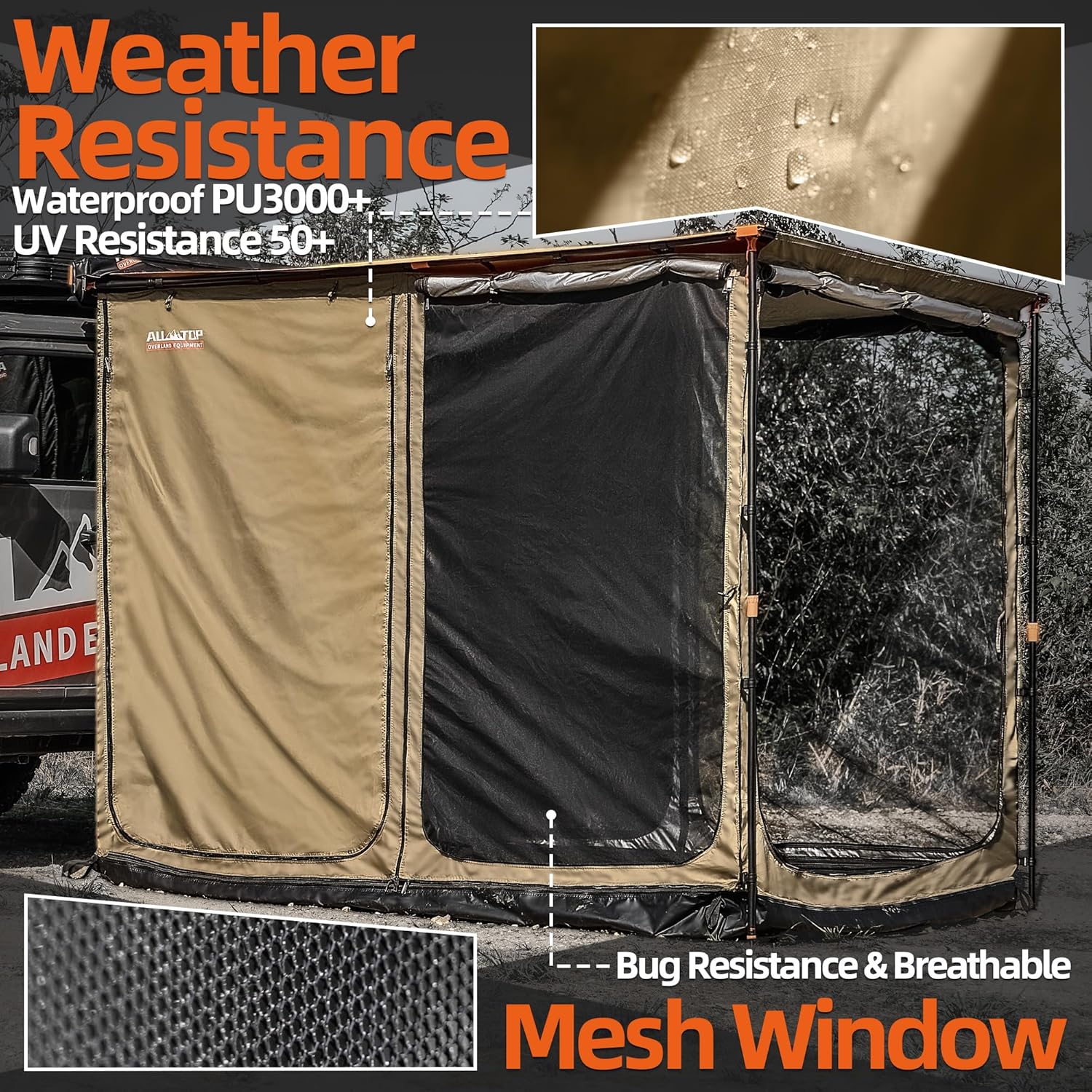 ALL-TOP Awning Room with Floor 8.2' x 10' Rip-Stop 420D Oxford Awning Tent with Bug-Resistance Mesh, Waterproof Sun Shelter for Overland, Camping(Room Only)