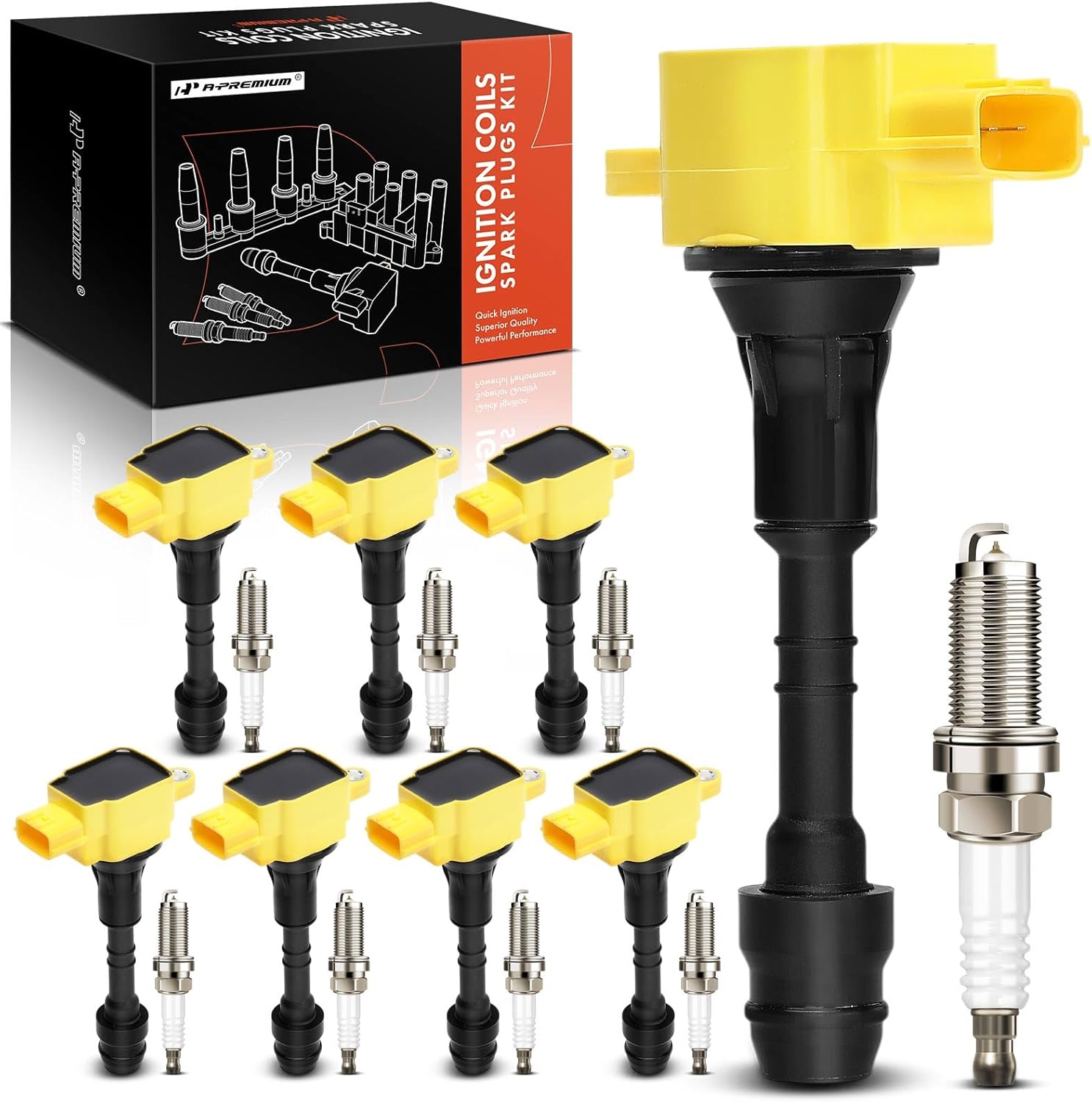A-Premium (Yellow) Set of 16 Ignition Coil Pack and Iridium Spark Plugs Compatible with Nissan TITAN 2004-2007, Armada 2005-2006, Pathfinder Armada 2004 & Infiniti QX56 2004-2006, 5.6L