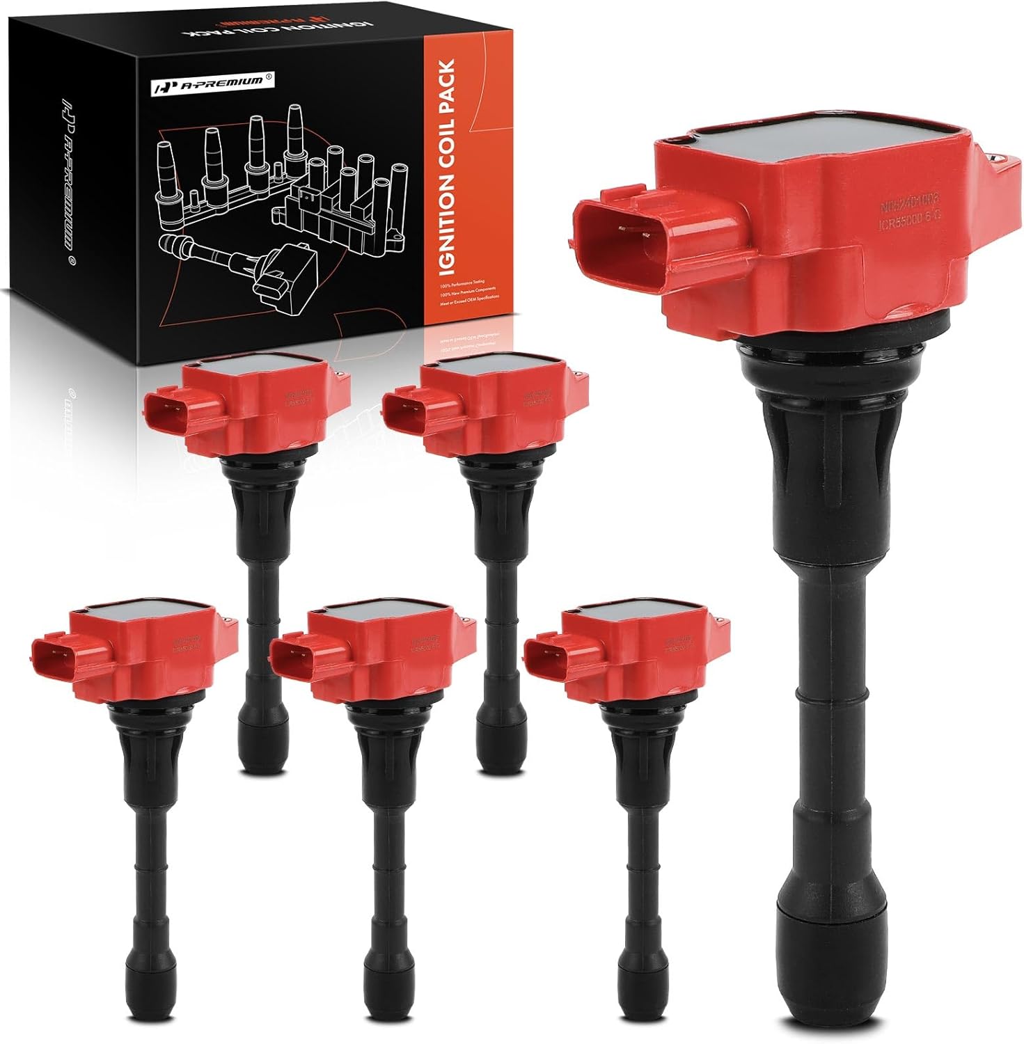 A-Premium (Red) Engine Ignition Coil Pack Compatible with Nissan Altima 2007-2018, Murano 2009-2023, Pathfinder, Maxima, Quest & Infiniti QX60, Q50, G25, G35, M35h, Q70, JX35, FX35, EX35, 6-PC Set