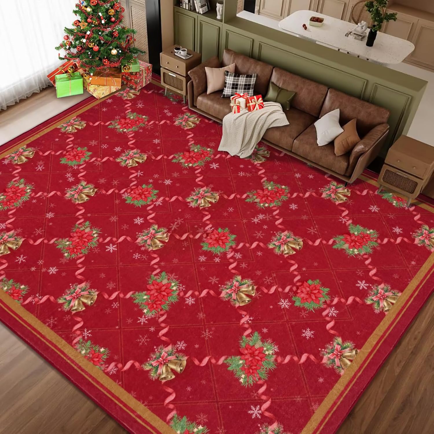 Yinhua Christmas 8x10 Area Rugs, Washable Rugs for Living Room, Grid Non-Slip Rug for Bedroom Christmas Large Area Rug, Red Diamond Soft Floor Carpet for Kid Room Dining Winter Xmas Decor