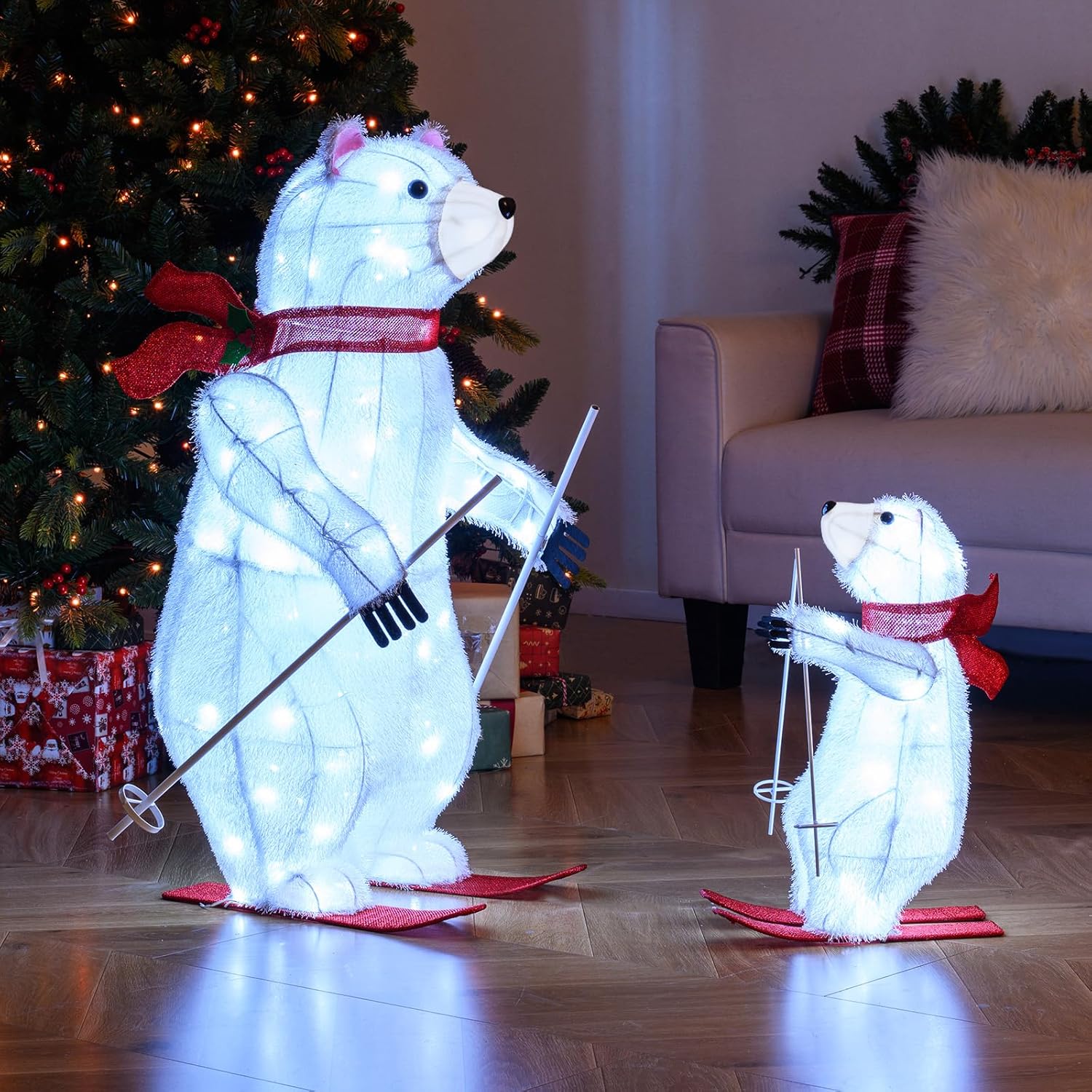 Tangkula 2-Piece Lighted Polar Bear Christmas Decorations, Animated Skiing LED Polar Bears with Red Scarves for Indoor Outdoor Holiday Yard Decor