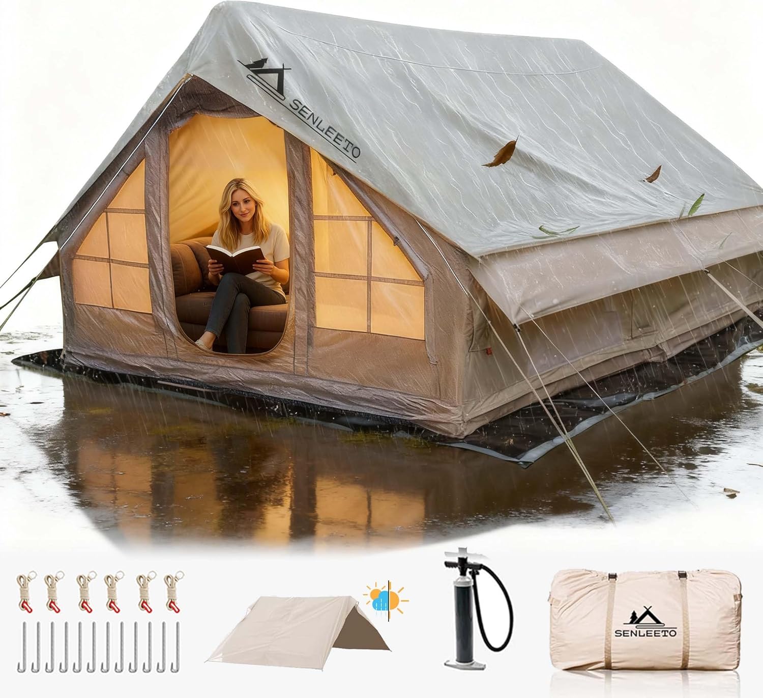 Large Inflatable Tents for Camping Adul 6/8/10 Person, 4 Season Blow Up Tent with Rainfly, Waterproof & Sunproof, Luxury Inflatable House with Stove Jack
