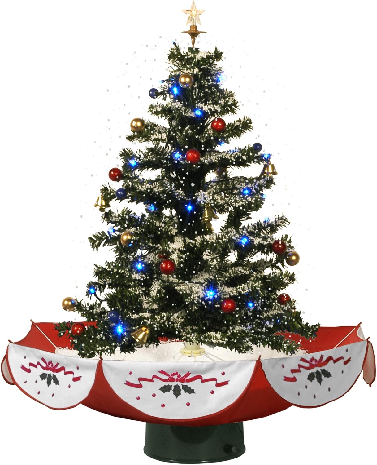 Fraser Hill Farm 29-in. Snowing Musical Christmas Tree with Warm White LED Lights, 25 Christmas Carols, Decorations, Star Topper, and Red Umbrella Base, Festive Xmas Decor for Foyer and Family Room