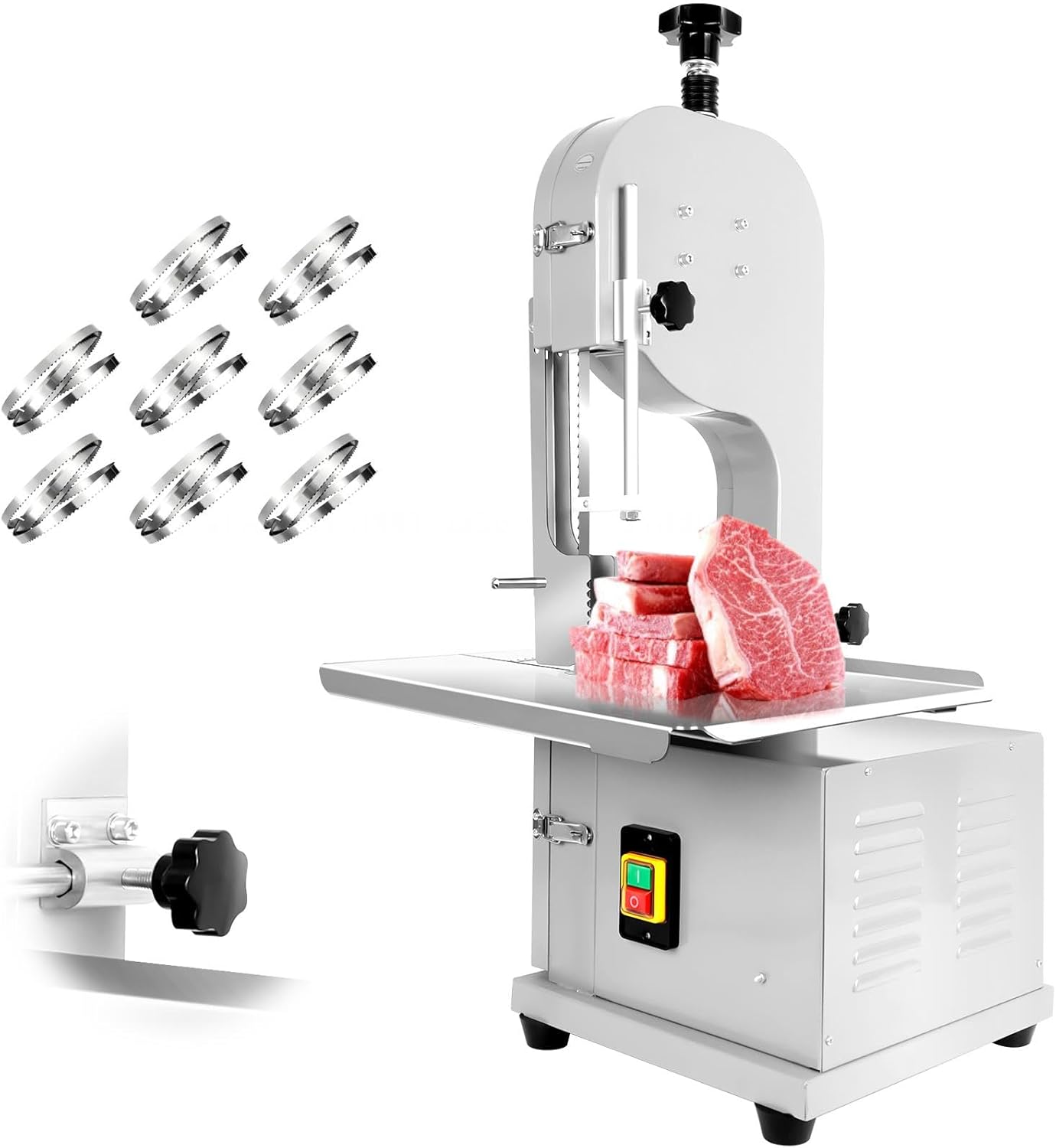 2200 W Stainless Steel Tabletop Meat Bandsaw, Commercial Bandsaw Machine with 8 Pairs Blades, Cutting Thickness 0.04-7.8 Inches for Chops Bone Chicken Trotter Beef (White 2200 W)