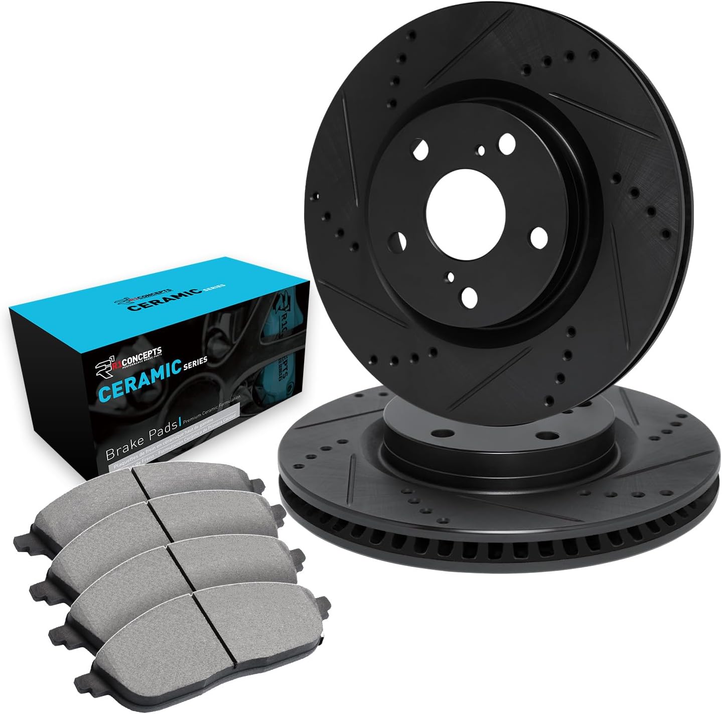R1 Concepts Rear Brakes and Rotors| Drilled Slotted Brake Rotors| Rear Ceramic Brake Pads and Rotors Kit| Brake Kit| Automotive Replacement Brake Kits