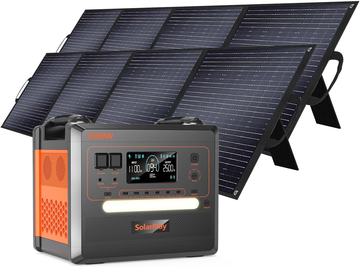 SolarPlay 2500W/2304Wh Portable Power Station, Power Station with 2x200W Solar Panels, 1.5Hrs Fast Charging LFP Battery, 4 AC Outlets Emergency Solar generator for Home Backup, Camping, Outdoor