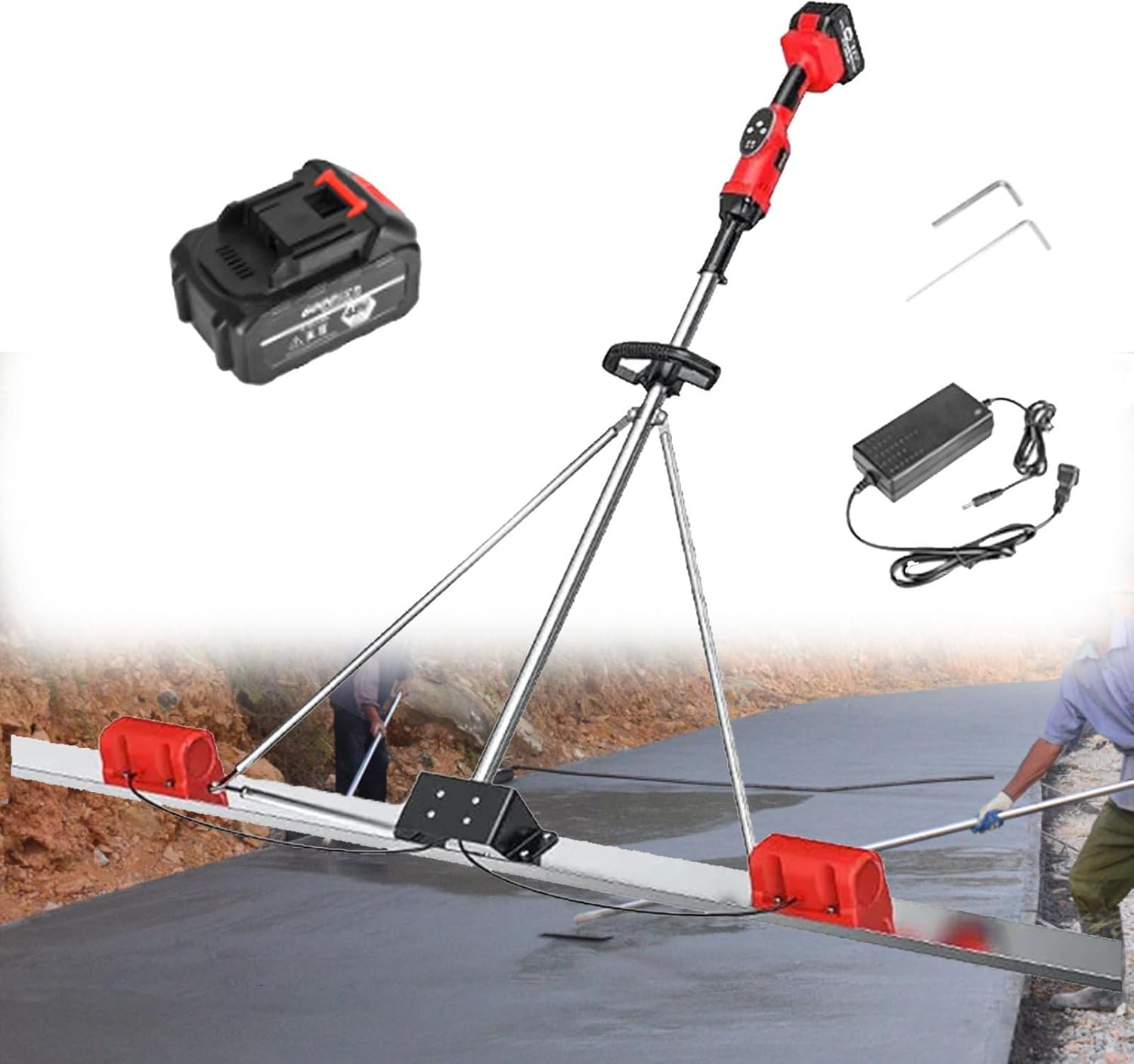 Electric Cordless Screed Cement Finishing Vibrating Machine, Concrete Vibrating Tool, Double Frequency Vibration, for Road Constructions 1*Battery-2M