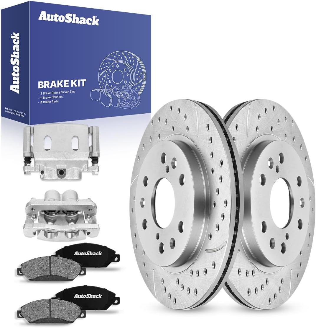 AutoShack Front Drilled & Slotted Brake Rotors Ceramic Brake Pads Calipers | Replacement for 2005-2008 Chevrolet Silverado 1500 2007-2008 GMC Yukon | Zinc Coated | 8-PC Brake Kit | SilverShield Pro