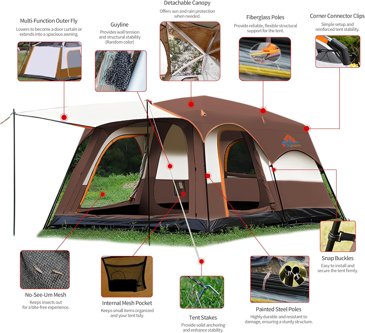 Large Family Camping Tent - 5-12 Person Multi-Room Waterproof Pop-Up Tent with Screened Porch - Glamping Tent for Outdoor Camping & Family Vacation