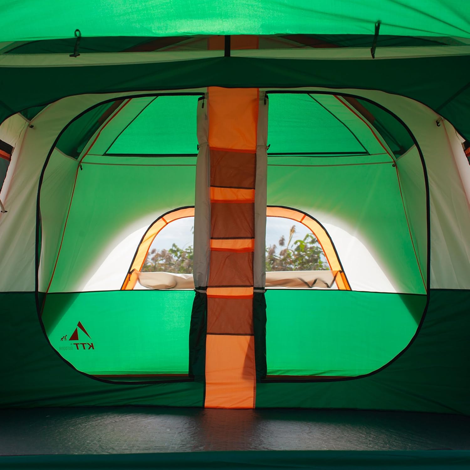 KTT Large Family Cabin Tent 10-12 Person,14.1X10X6.58ft,2 Rooms,3 Storage Pockets,2 Bay-Windows 3 Doors and 3 Windows with Mesh,Straight Wall,Waterproof,Double Layer,Big Tent for Outdoor,Camping