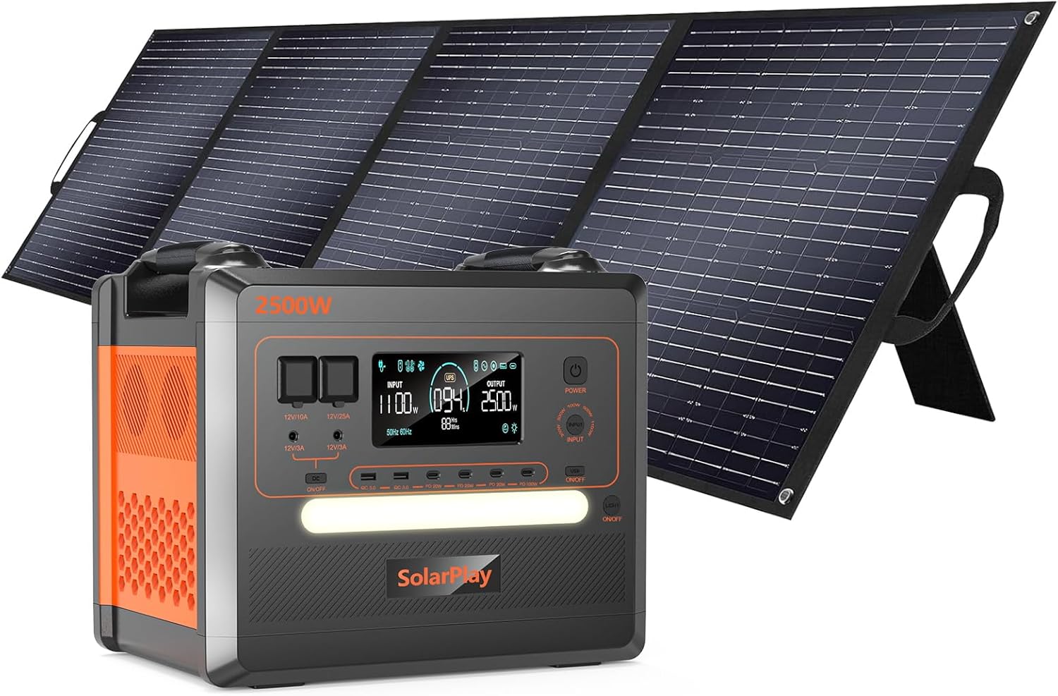 SolarPlay Portable Power Station 2500W(Peak 5000W), 2304Wh Solar Generator with 400W Panel 1.5Hrs Fast Charging LFP Battery4 AC Outlets Emergency Power Station for Home Camping Outdoor Battery Backup