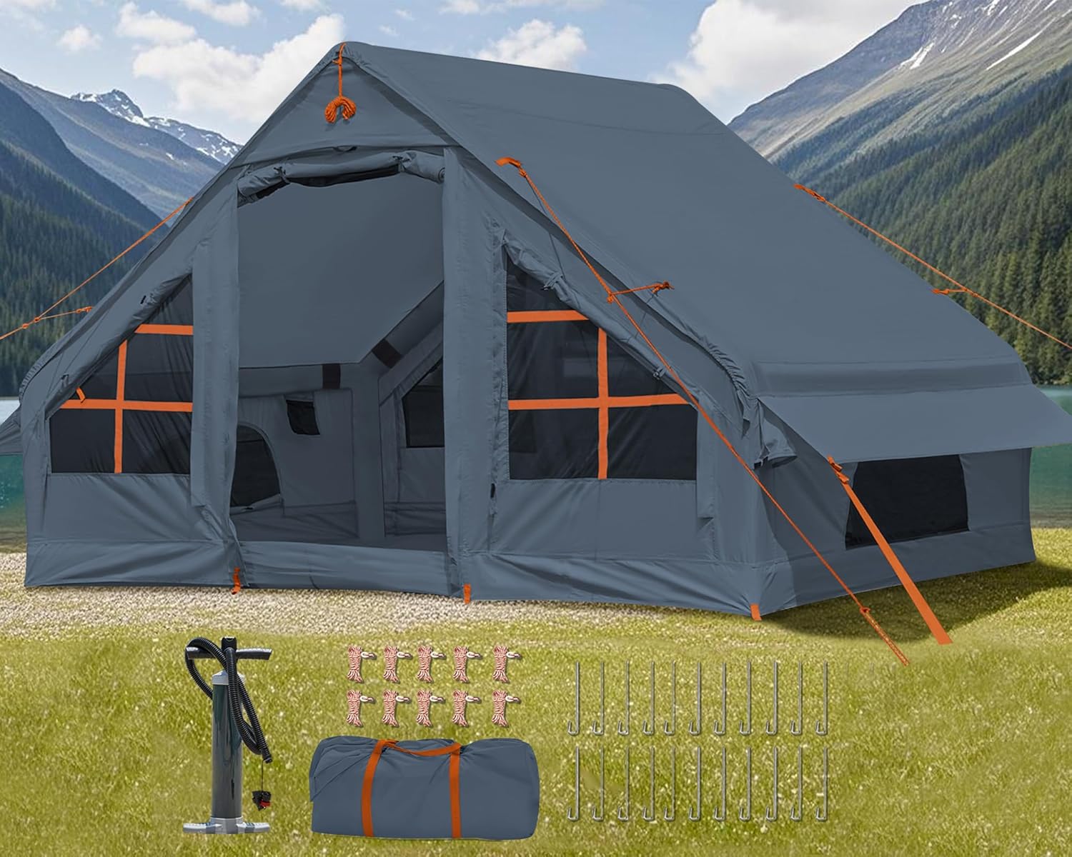 Inflatable Camping Tent, 2/4/6/8 Person Glamping Inflatable Tents for Camping, 2025 Update Zipper Door Easy Setup Blow Up Tents Big House with Rainfly&Mosquito Screen, 4 Season