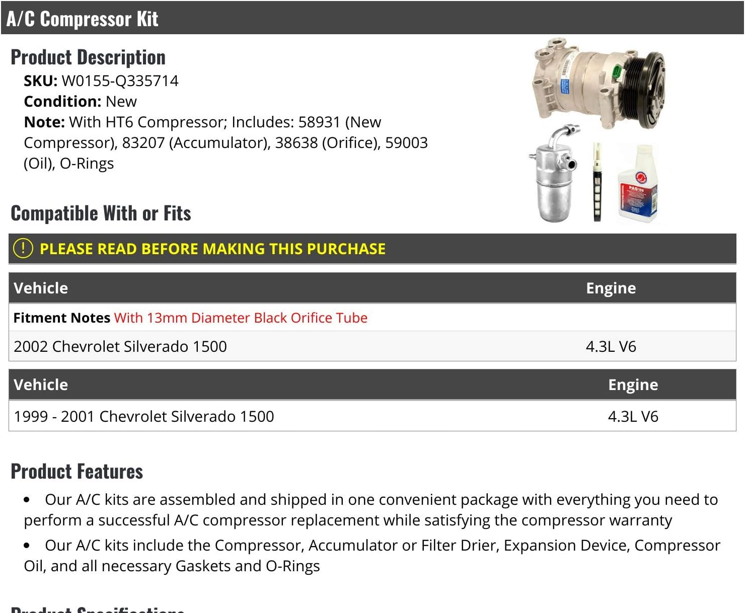 A/C Compressor Kit - with HT6 Compressor, Accumulator, Orifice, and O-Rings - Compatible with 1999-2002 Chevy Silverado 1500 4.3L V6