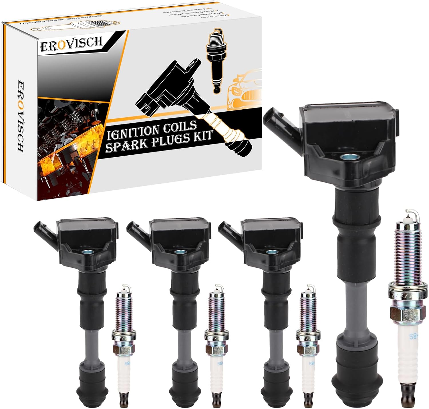 Pack 4 UF756 OEM Ignition Coil & Spark Plug - Compatible with Volvo S60 S80 S90 V60 V90 XC40 XC60 XC70 XC90-2.0L L4 - Replaces # GN10907 31358940 31312514