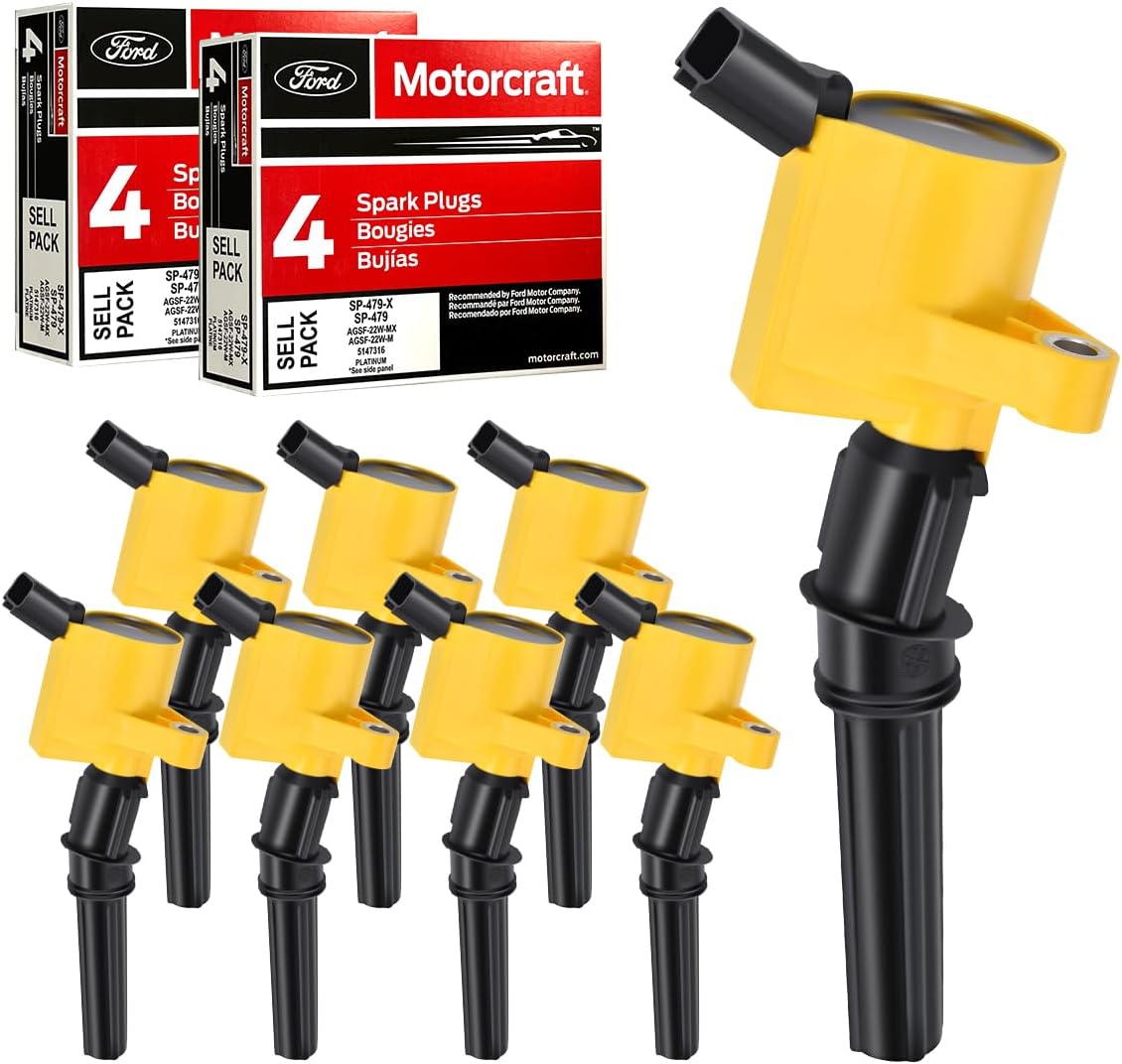 MAS Set of 8 Yellow Ignition Coils Pack Curved Boots DG508 & 8 Motorcraft Platinum Spark Plug SP479 Compatible with Ford F150 F250 Super Duty E350 E450 Expedition Lincoln Navigator DG457 DG472 DG491