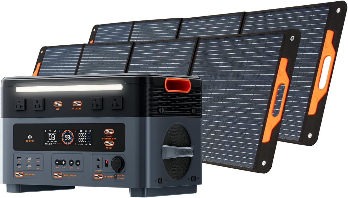 Oscal PM2400 Portable Power Station, 1872Wh LiFePO4 Home Backup Battery, Dual Speaker 2400W Solar Generator(Surge 4800W), Dual Wireless Charging Pad, with 2 * 200W solar panel