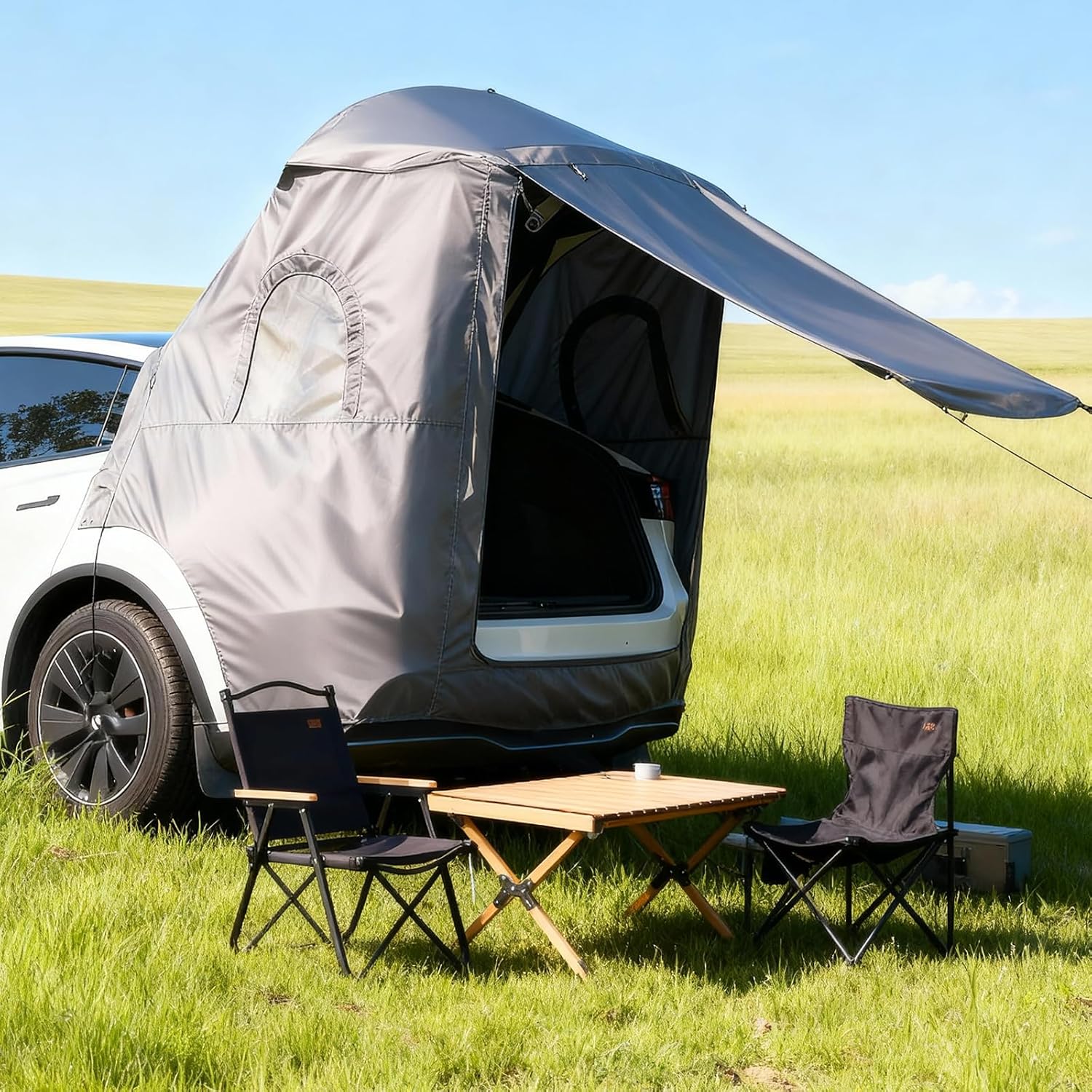 Camping Tent for Tesla Model Y 2020-2025 Accessories [UPF50+ & Waterproof PU 3000mm] 420D Oxford Fabric Car Tailgate Shade Awning with Screen Net Suitable for 2-4 Person - Grey