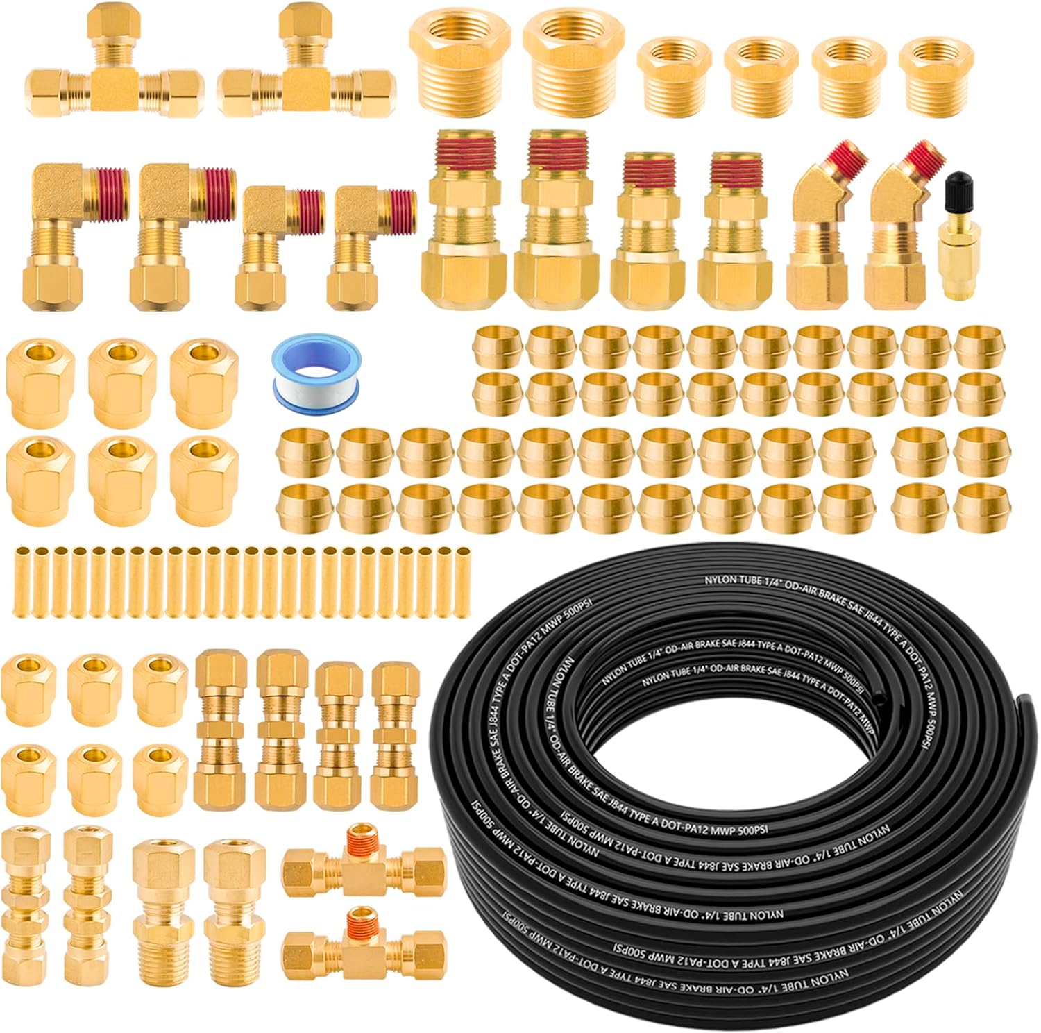 111 PCS Brass DOT Air Line Fittings with 100FT 1/4