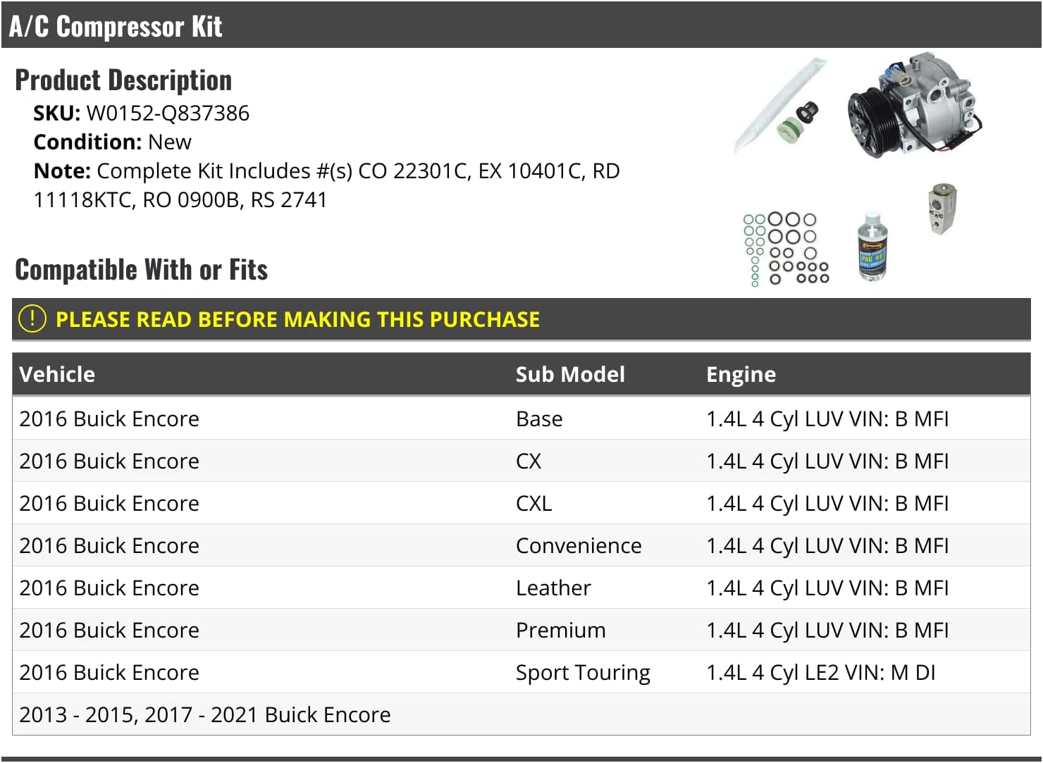 A/C Compressor Kit - Compatible with 2013-2021 Buick Encore