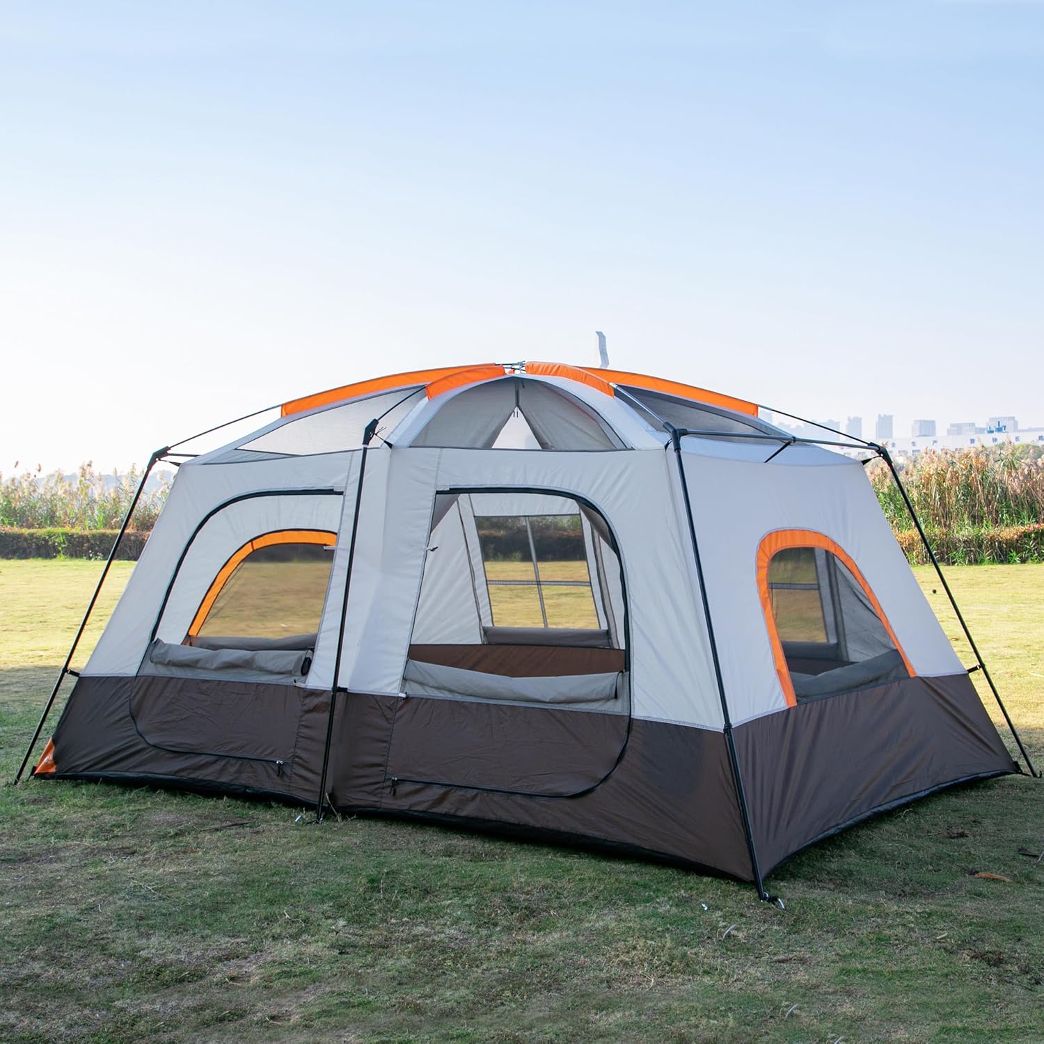 KTT Large Family Cabin Tent 10-12 Person,14.1X10X6.58ft,2 Rooms,3 Storage Pockets,2 Bay-Windows 3 Doors and 3 Windows with Mesh,Straight Wall,Waterproof,Double Layer,Big Tent for Outdoor,Camping