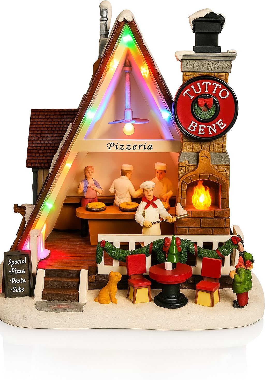 MOMENTS IN TIME Pizza Christmas Village Pizza Shop Scene LED Musical Pizzeria Scene Handcrafted Italian Restaurant Holiday Decoration Battery Operated Tabletop Display Christmas Village Display